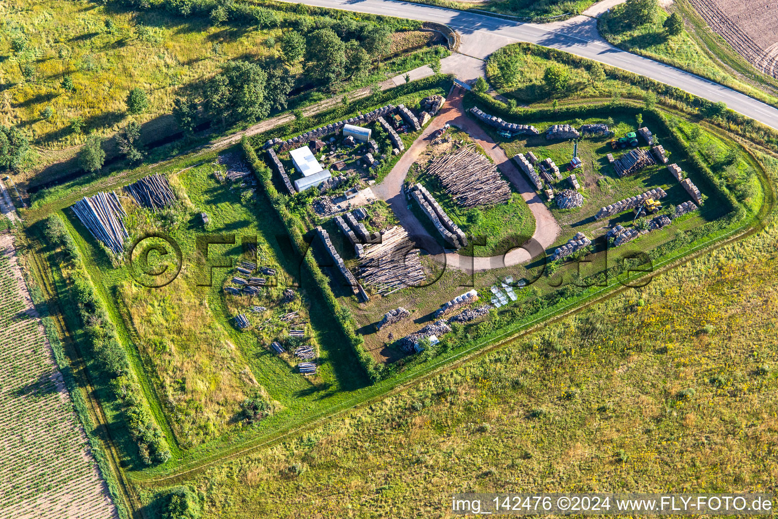 Vue aérienne de Aire de stockage du bois à le quartier Niederlustadt in Lustadt dans le département Rhénanie-Palatinat, Allemagne