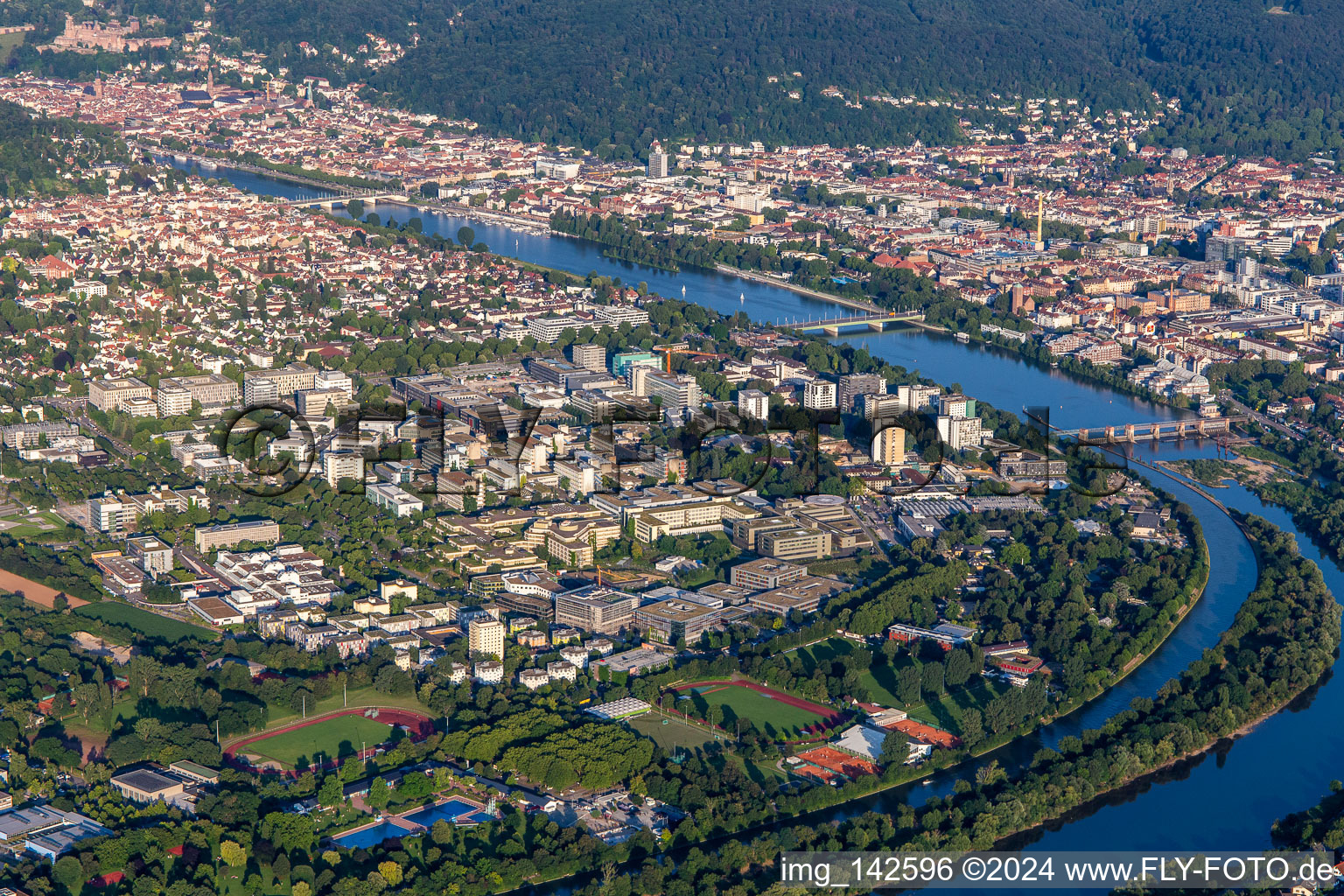 Vue aérienne de Champ de Neuenheimer à le quartier Neuenheim in Heidelberg dans le département Bade-Wurtemberg, Allemagne