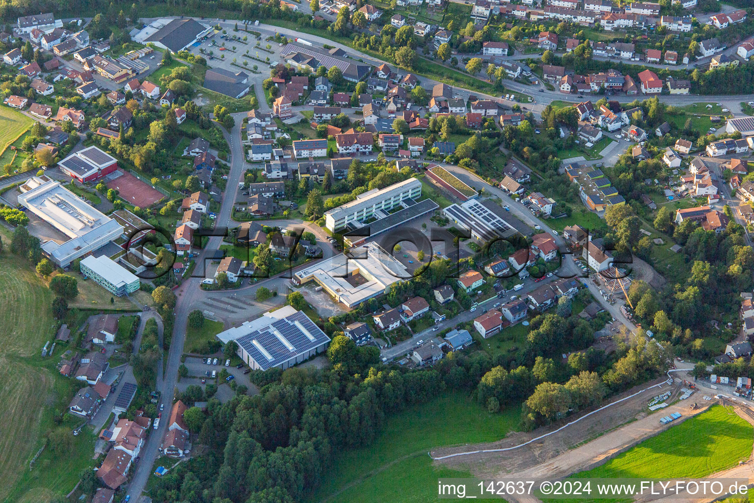 Vue aérienne de Grand gymnase et école Eugen Bachmann à le quartier Spechtbach in Wald-Michelbach dans le département Hesse, Allemagne