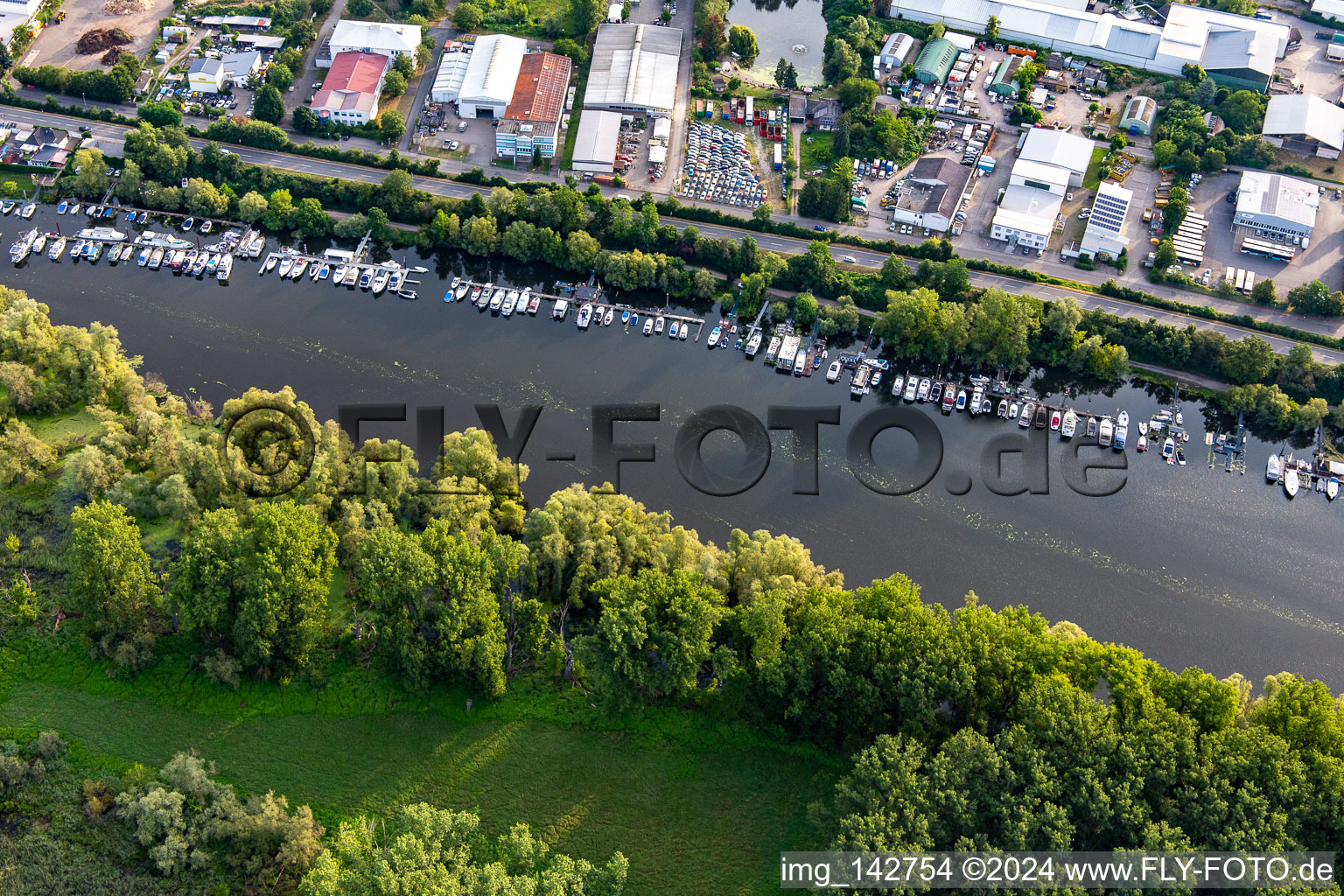 Vue aérienne de Quais de la zone industrielle Steggemeinschaft GbR sur le Lampertheimer Altrhein à Lampertheim dans le département Hesse, Allemagne