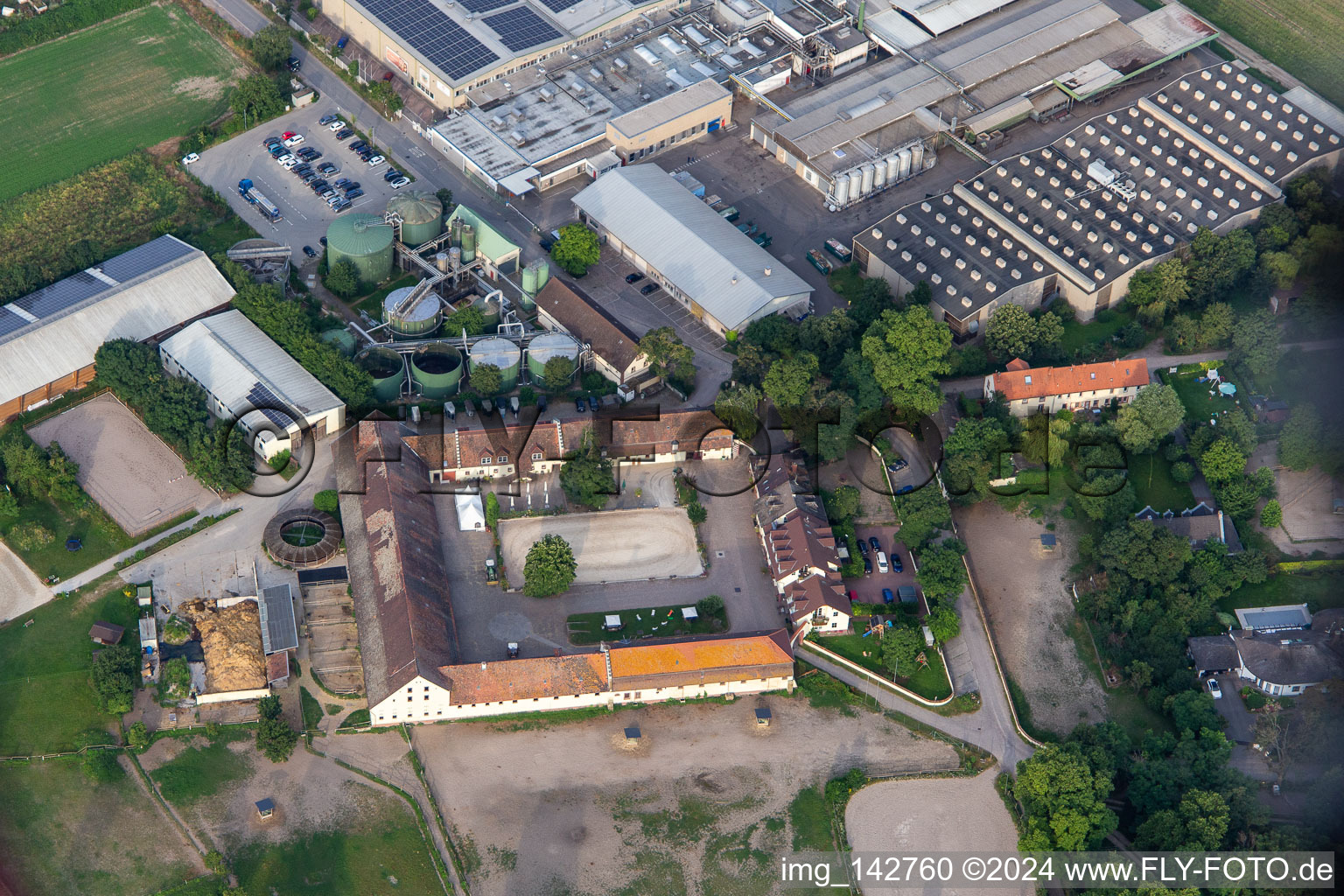 Photographie aérienne de Usine Intersnack Allemagne SE Petersau et centre équestre Carlo von Opel à le quartier Mörsch in Frankenthal dans le département Rhénanie-Palatinat, Allemagne