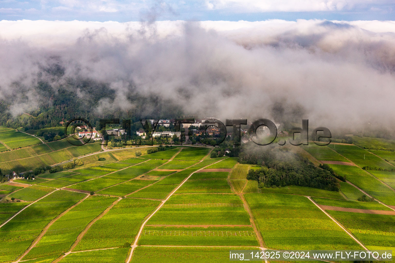 Photographie aérienne de Des nuages denses au-dessus de l’hôpital palatin de psychiatrie et de neurologie à Klingenmünster dans le département Rhénanie-Palatinat, Allemagne