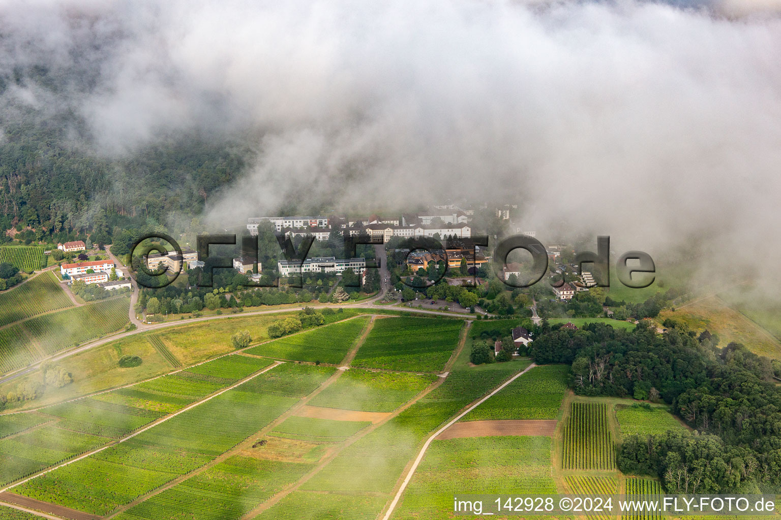 Vue oblique de Des nuages denses au-dessus de l’hôpital palatin de psychiatrie et de neurologie à Klingenmünster dans le département Rhénanie-Palatinat, Allemagne