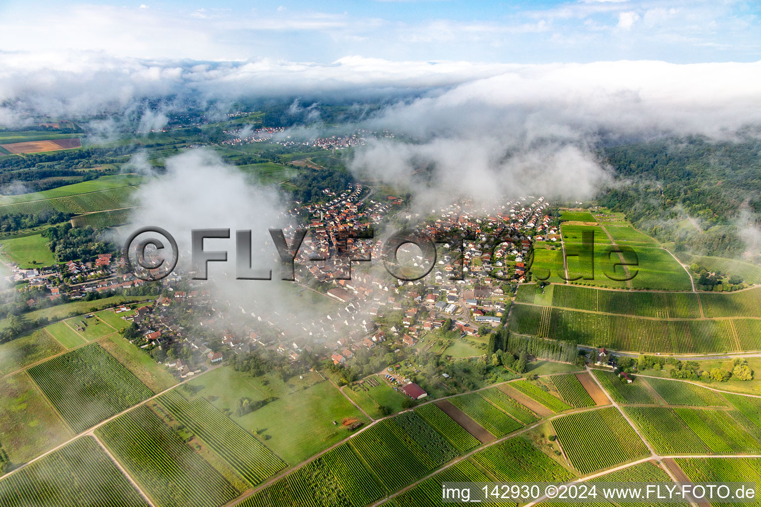 Vue aérienne de Village du nord-est sous les nuages à Klingenmünster dans le département Rhénanie-Palatinat, Allemagne