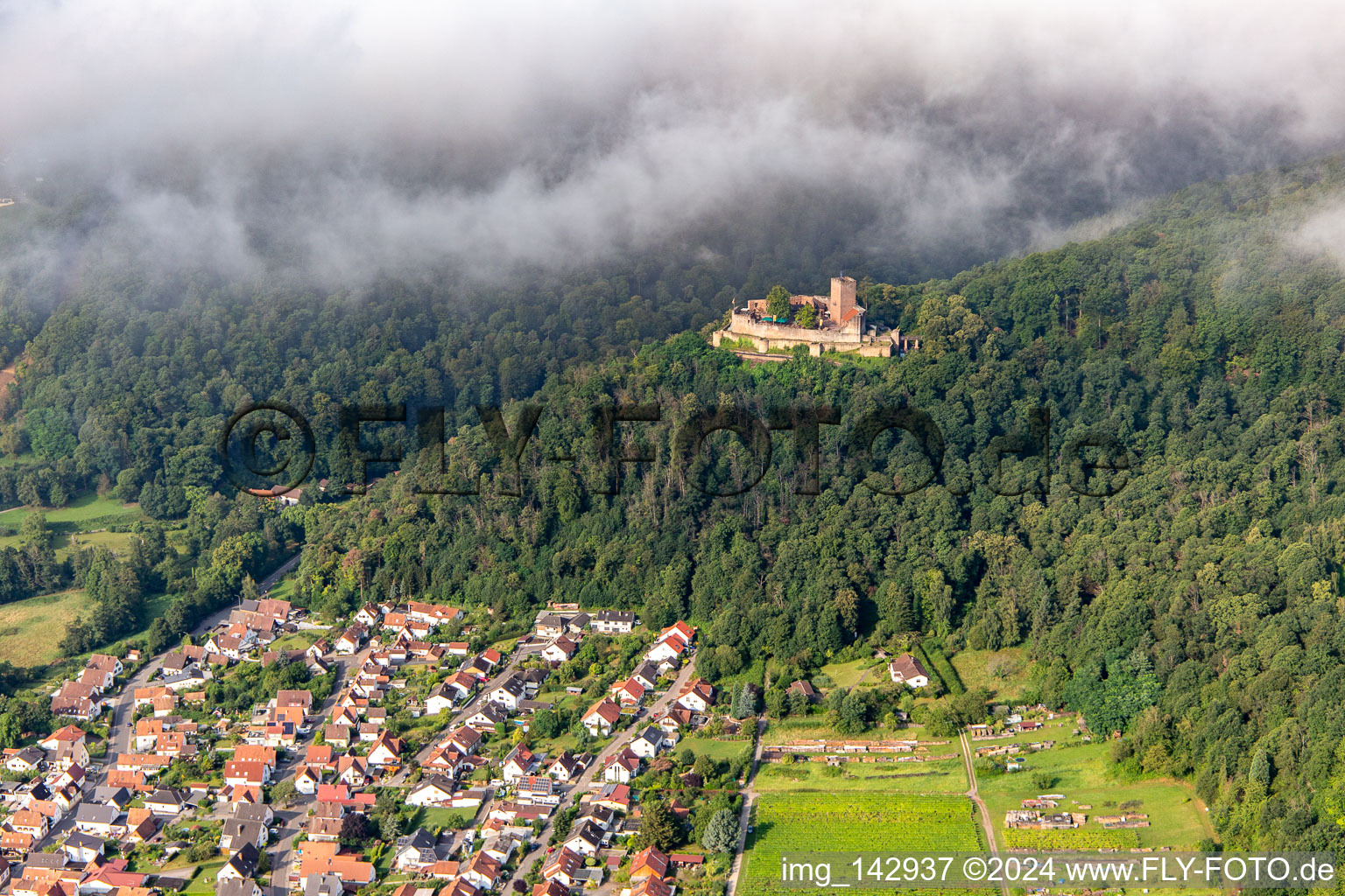 Photographie aérienne de Château de Landeck le matin sous des nuages bas à Klingenmünster dans le département Rhénanie-Palatinat, Allemagne