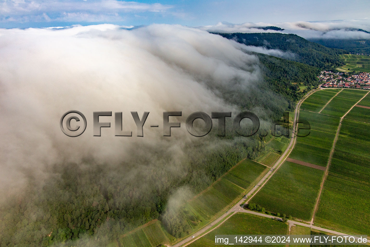 Vue aérienne de Des nuages denses venant de l'ouest s'écoulent sur le Haardtrand en dessous du Madenburg à Eschbach dans le département Rhénanie-Palatinat, Allemagne