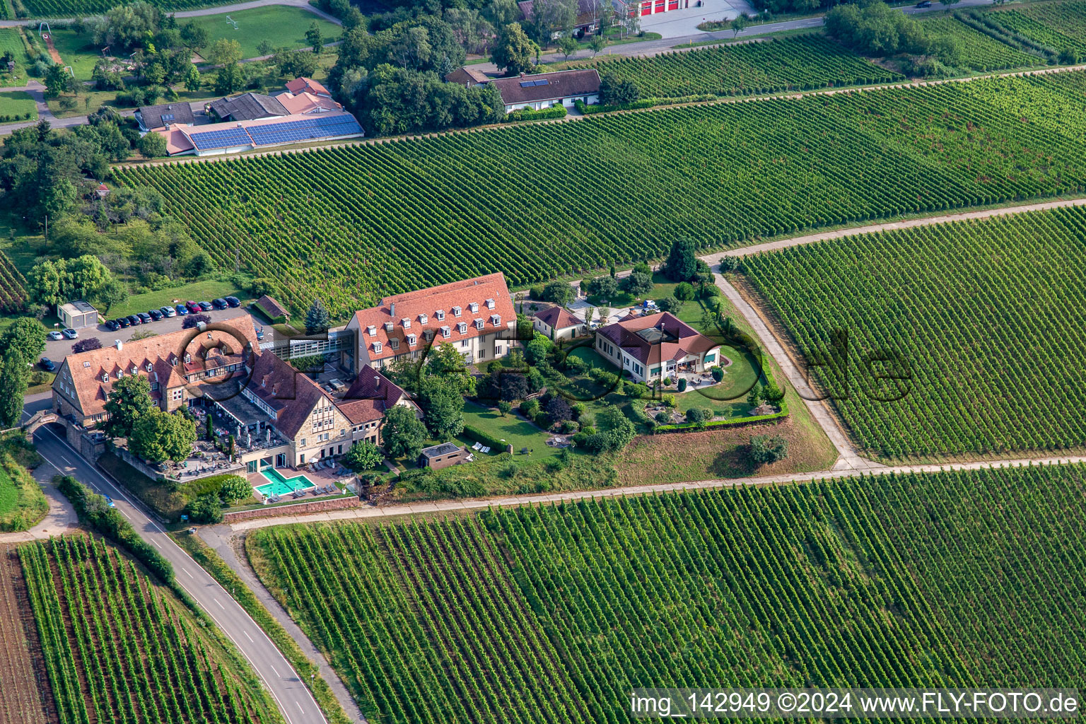 Vue aérienne de Hôtel 4 étoiles Leinsweiler Cour entre vignes le matin à Leinsweiler dans le département Rhénanie-Palatinat, Allemagne