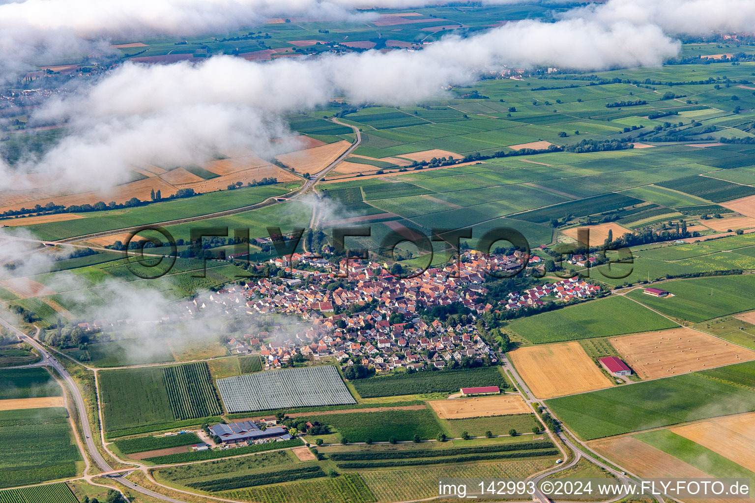 Vue aérienne de Village sous les nuages du nord-est à Impflingen dans le département Rhénanie-Palatinat, Allemagne