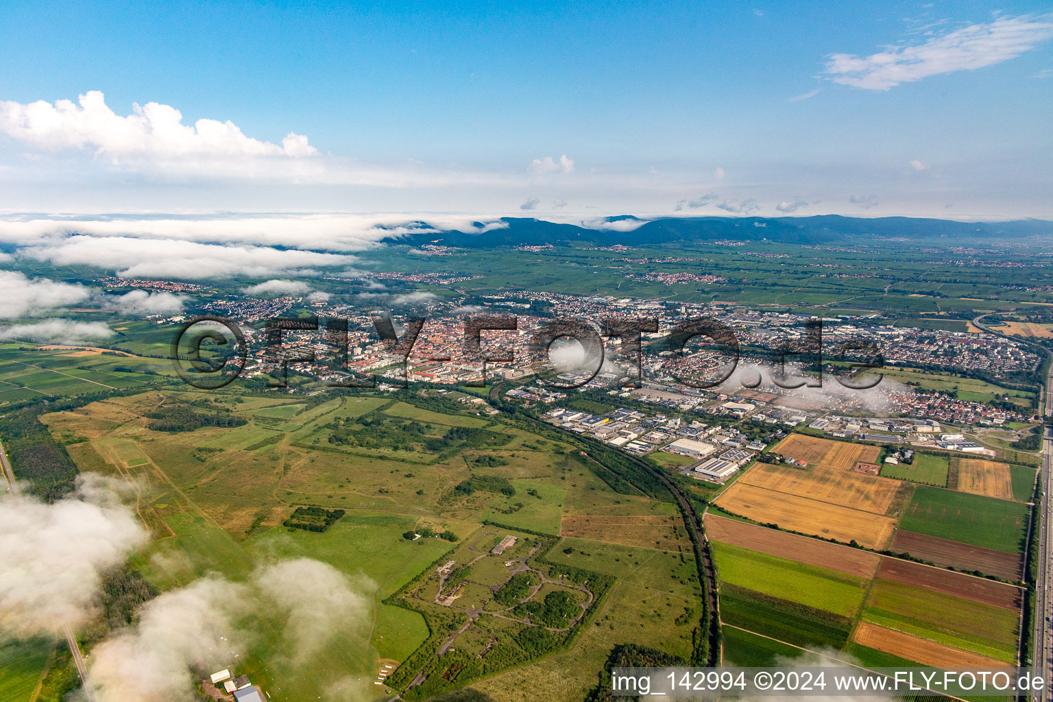 Vue aérienne de Ville sous les nuages le matin du sud-est à Landau in der Pfalz dans le département Rhénanie-Palatinat, Allemagne