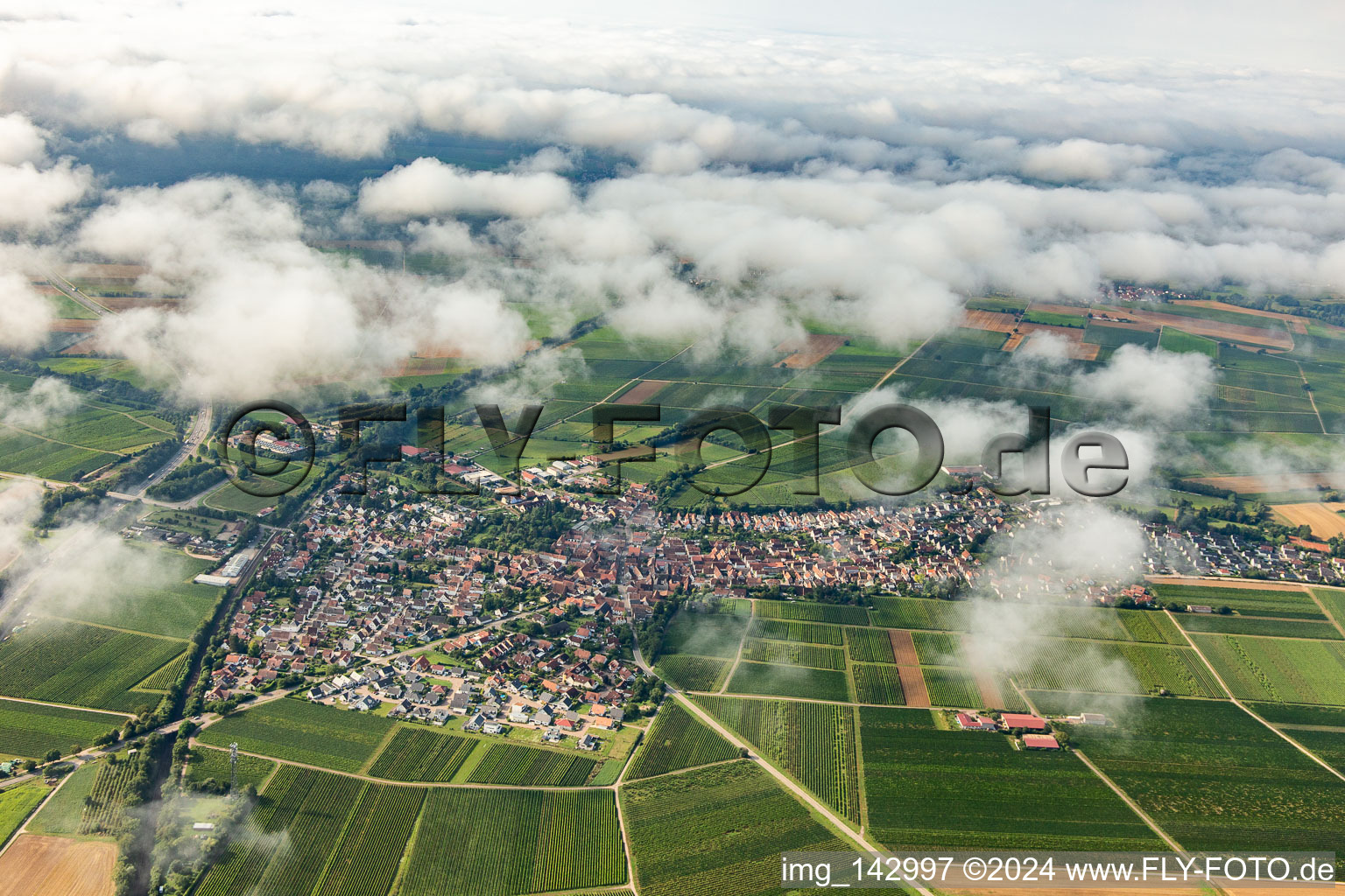 Vue aérienne de Village sous les nuages du nord à Insheim dans le département Rhénanie-Palatinat, Allemagne