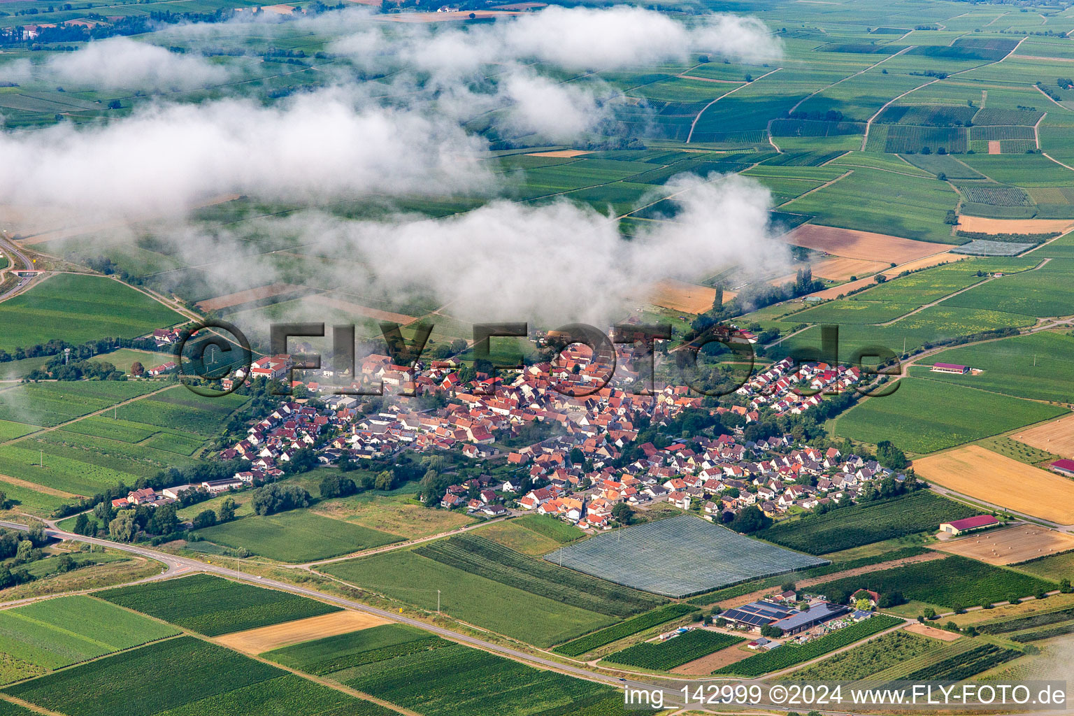 Vue aérienne de Village sous les nuages du nord-est à Impflingen dans le département Rhénanie-Palatinat, Allemagne