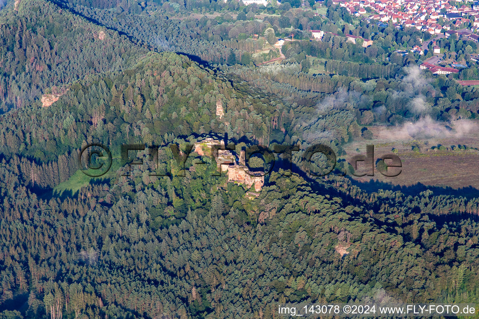 Vue aérienne de Massif du château d'Altdahn avec ruines des châteaux de Granfendahn et Tanstein à Dahn dans le département Rhénanie-Palatinat, Allemagne