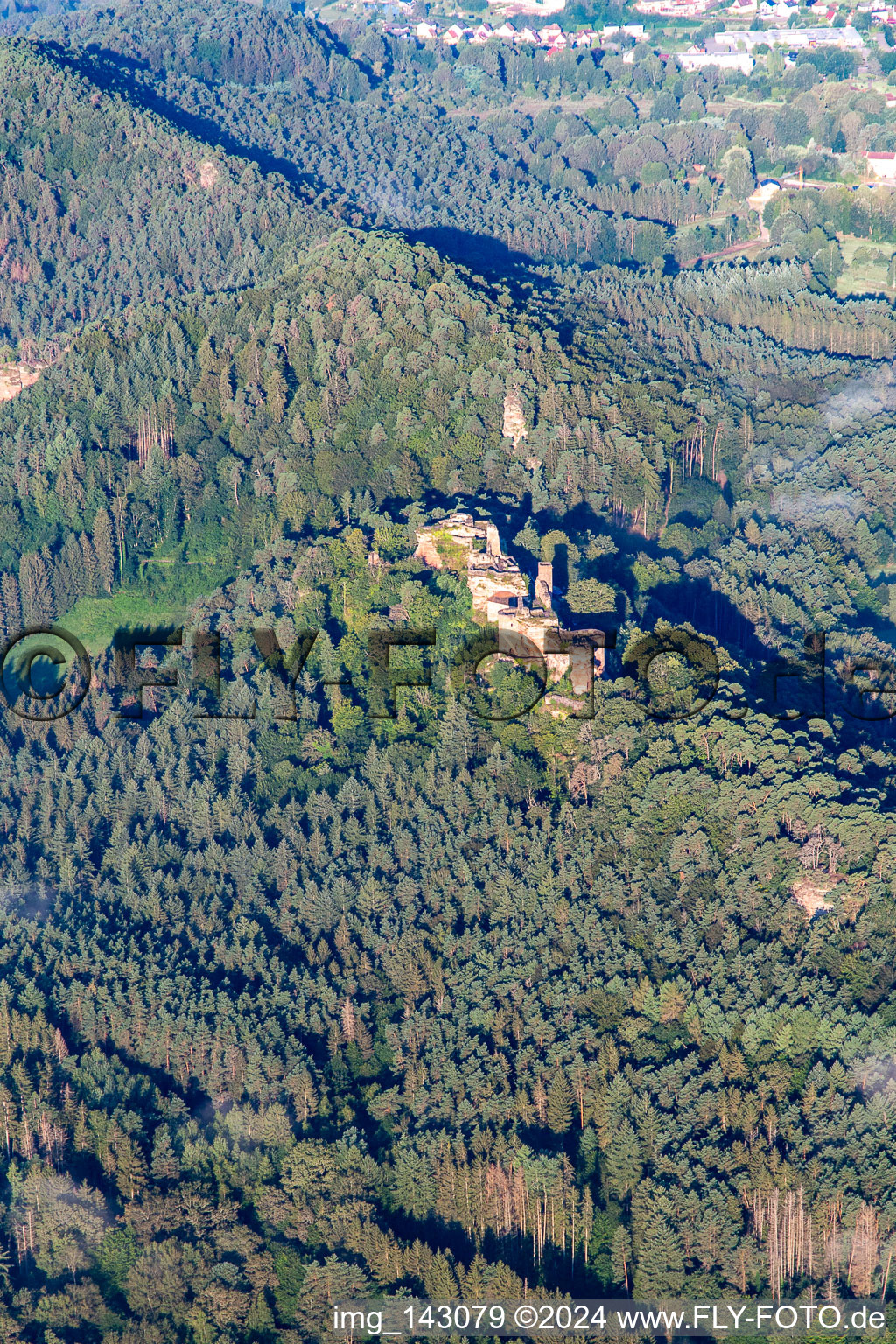 Vue aérienne de Massif du château d'Altdahn avec ruines des châteaux de Granfendahn et Tanstein à Dahn dans le département Rhénanie-Palatinat, Allemagne