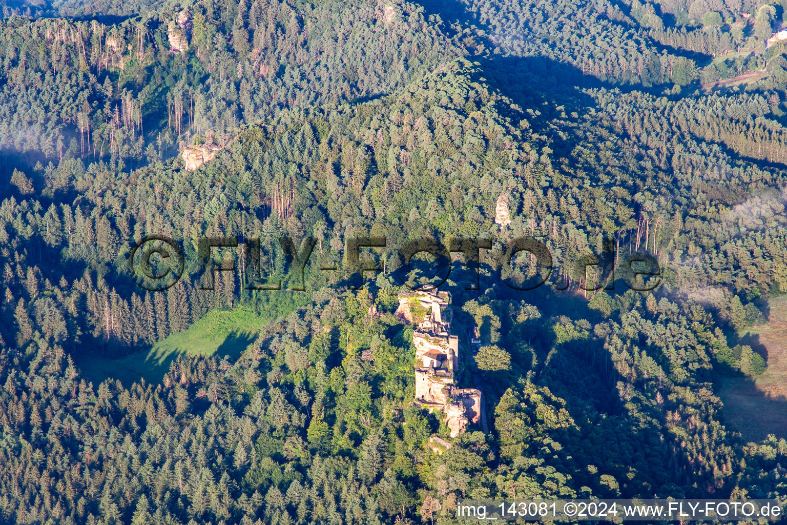 Photographie aérienne de Massif du château d'Altdahn avec ruines des châteaux de Granfendahn et Tanstein à Dahn dans le département Rhénanie-Palatinat, Allemagne