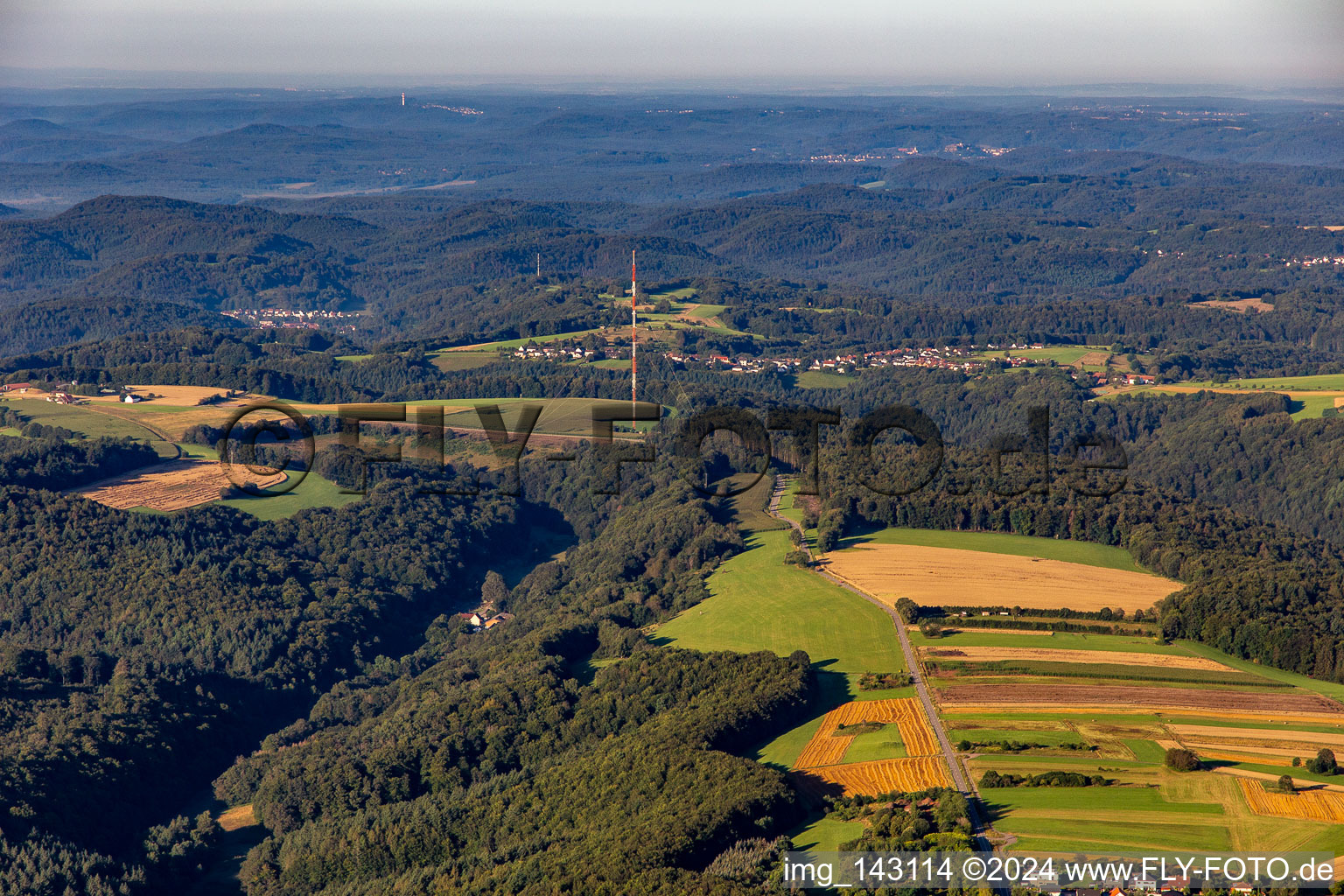 Vue aérienne de Mât de l'émetteur Kettrichhof à le quartier Kettrichhof in Lemberg dans le département Rhénanie-Palatinat, Allemagne