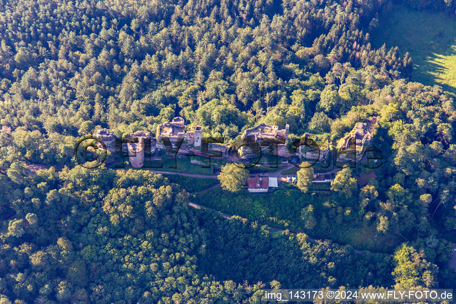 Massif du château d'Altdahn avec ruines des châteaux de Granfendahn et Tanstein à Dahn dans le département Rhénanie-Palatinat, Allemagne d'en haut