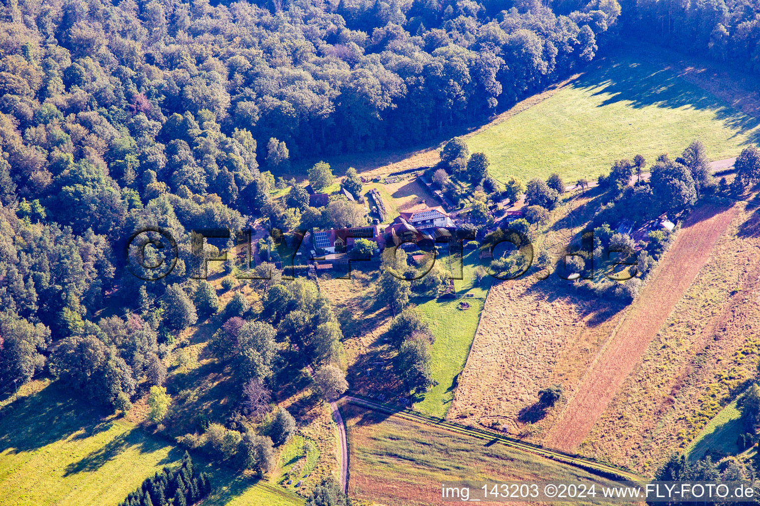 Vue aérienne de Refuge Cramerhaus et restaurant sauvage au pied des ruines du château de Lindelbrunn à Vorderweidenthal dans le département Rhénanie-Palatinat, Allemagne