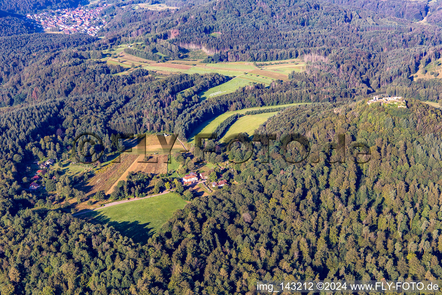 Vue aérienne de Refuge Cramerhaus et restaurant sauvage au pied des ruines du château de Lindelbrunn à Vorderweidenthal dans le département Rhénanie-Palatinat, Allemagne