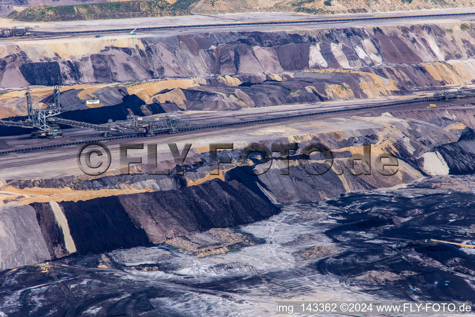 Vue aérienne de Couches de morts-terrains et de charbon aux couleurs intéressantes dans la mine de lignite à ciel ouvert de Garzweiler à le quartier Borschemich in Erkelenz dans le département Rhénanie du Nord-Westphalie, Allemagne