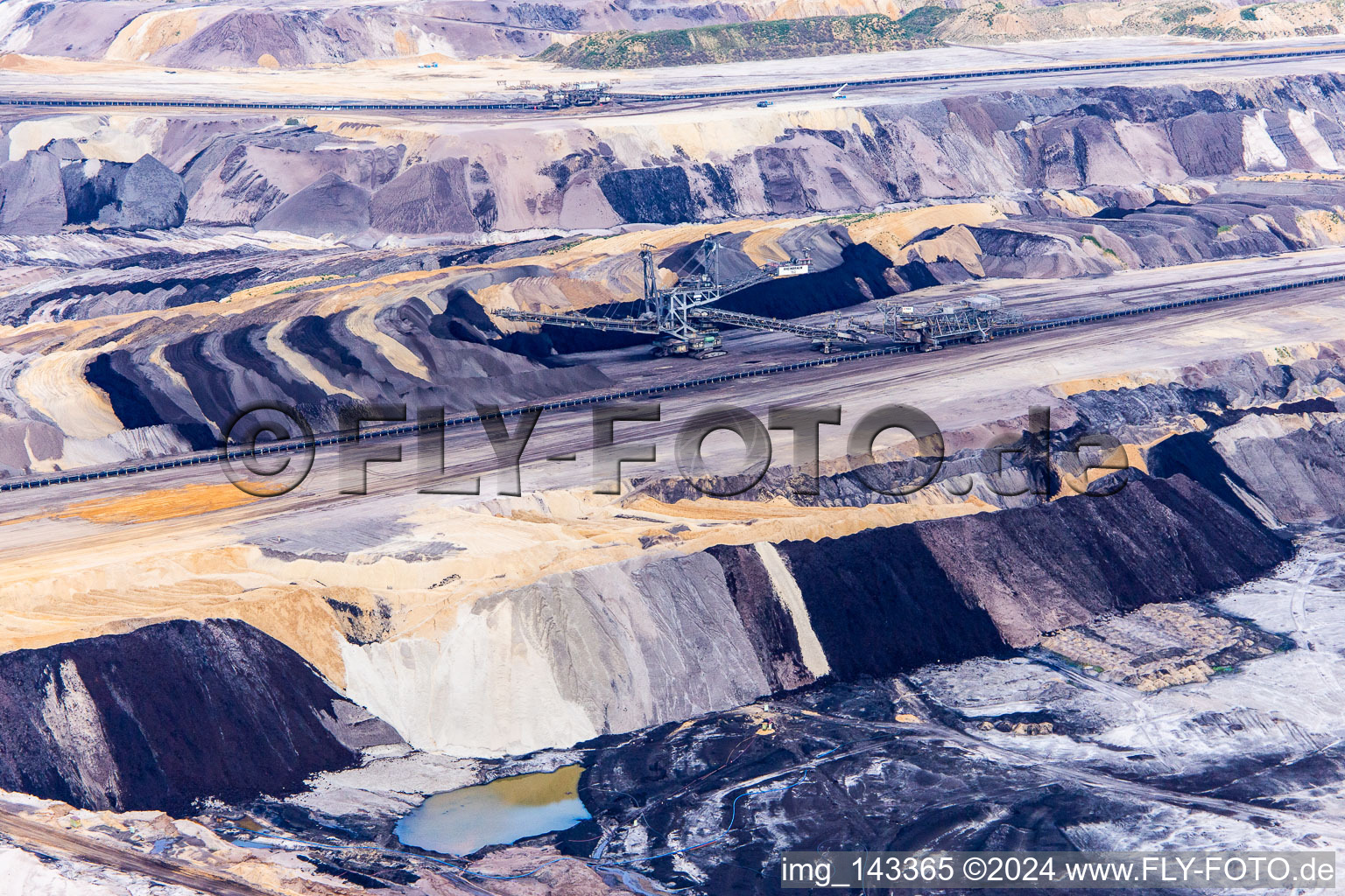 Vue oblique de Couches de morts-terrains et de charbon aux couleurs intéressantes dans la mine de lignite à ciel ouvert de Garzweiler à le quartier Borschemich in Erkelenz dans le département Rhénanie du Nord-Westphalie, Allemagne