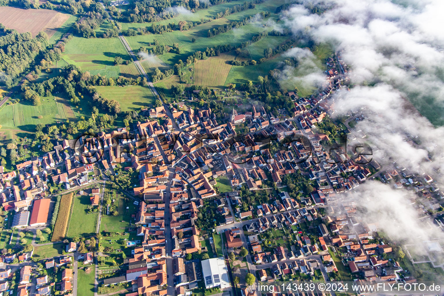 Vue aérienne de Village au bord des nuages à Steinweiler dans le département Rhénanie-Palatinat, Allemagne