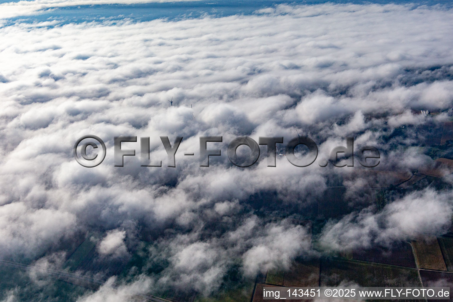 Photographie aérienne de Parc éolien à Minfeld partiellement dans les nuages à Minfeld dans le département Rhénanie-Palatinat, Allemagne