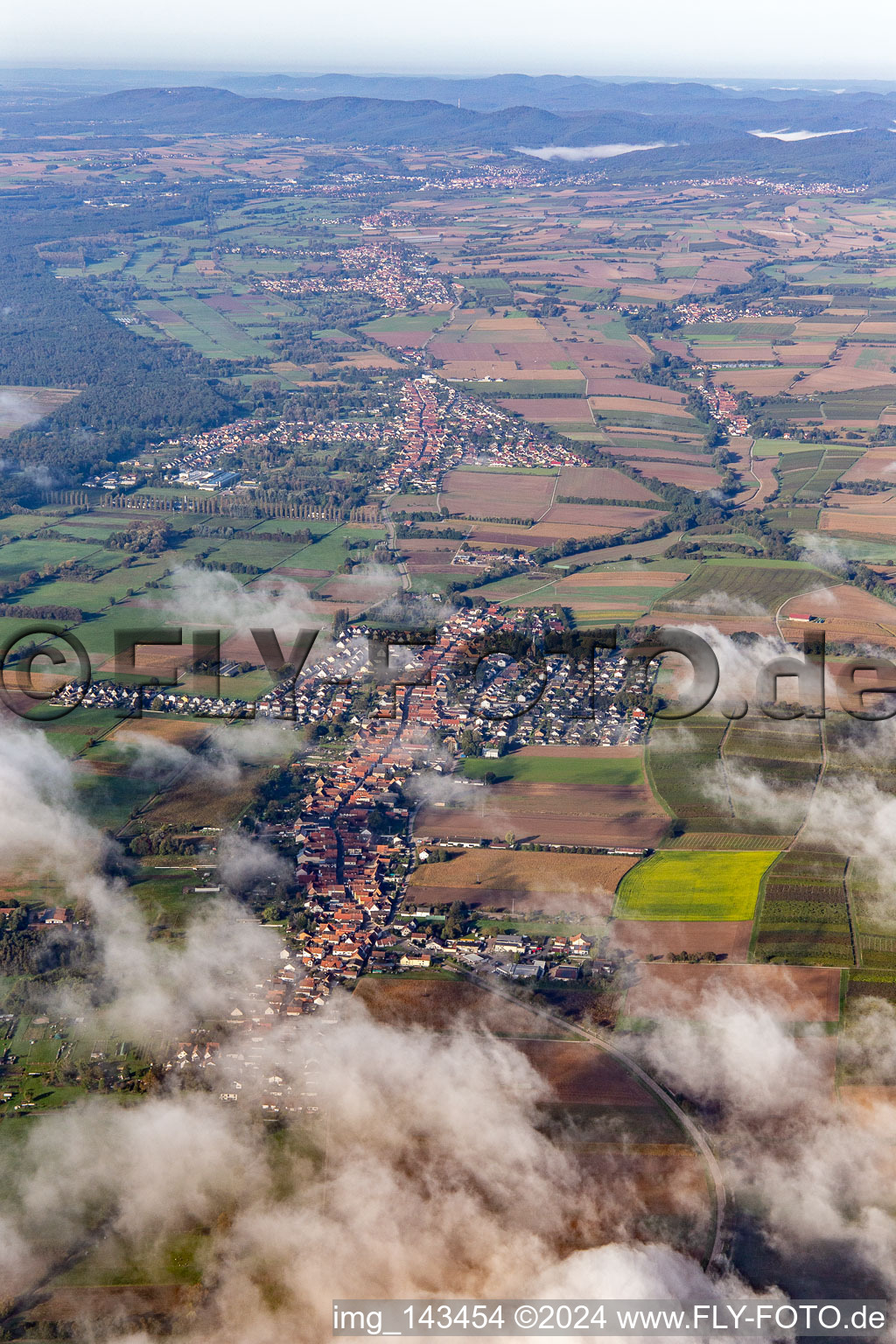 Vue aérienne de Village avec des nuages venant de l'est à Freckenfeld dans le département Rhénanie-Palatinat, Allemagne