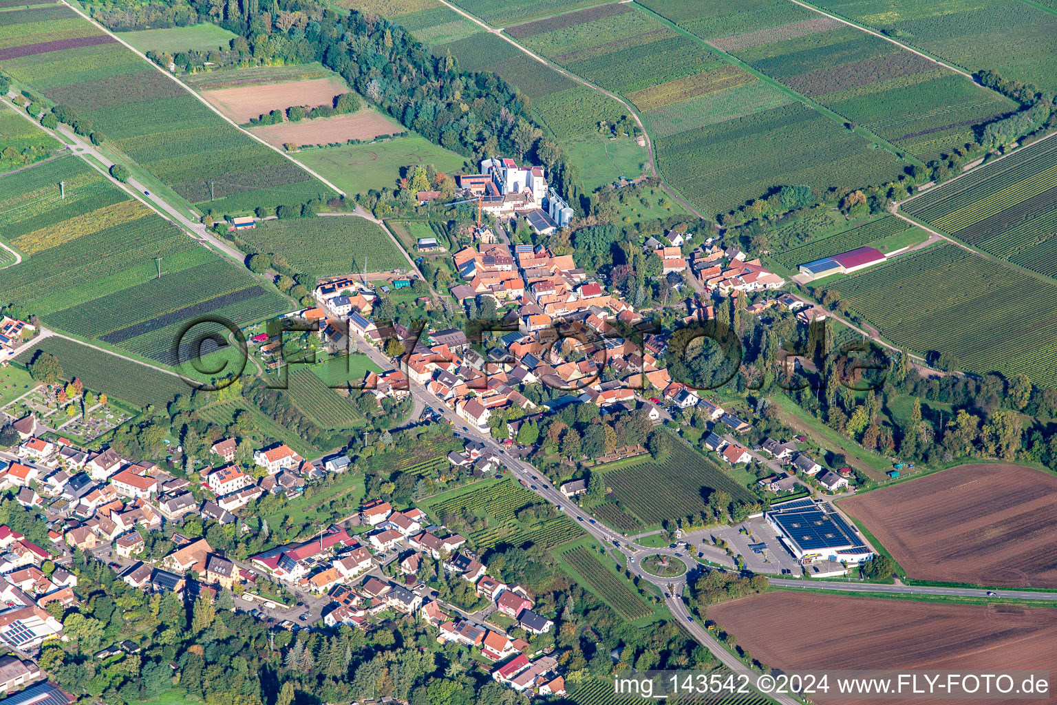Vue aérienne de Ville vue de l'est à le quartier Appenhofen in Billigheim-Ingenheim dans le département Rhénanie-Palatinat, Allemagne