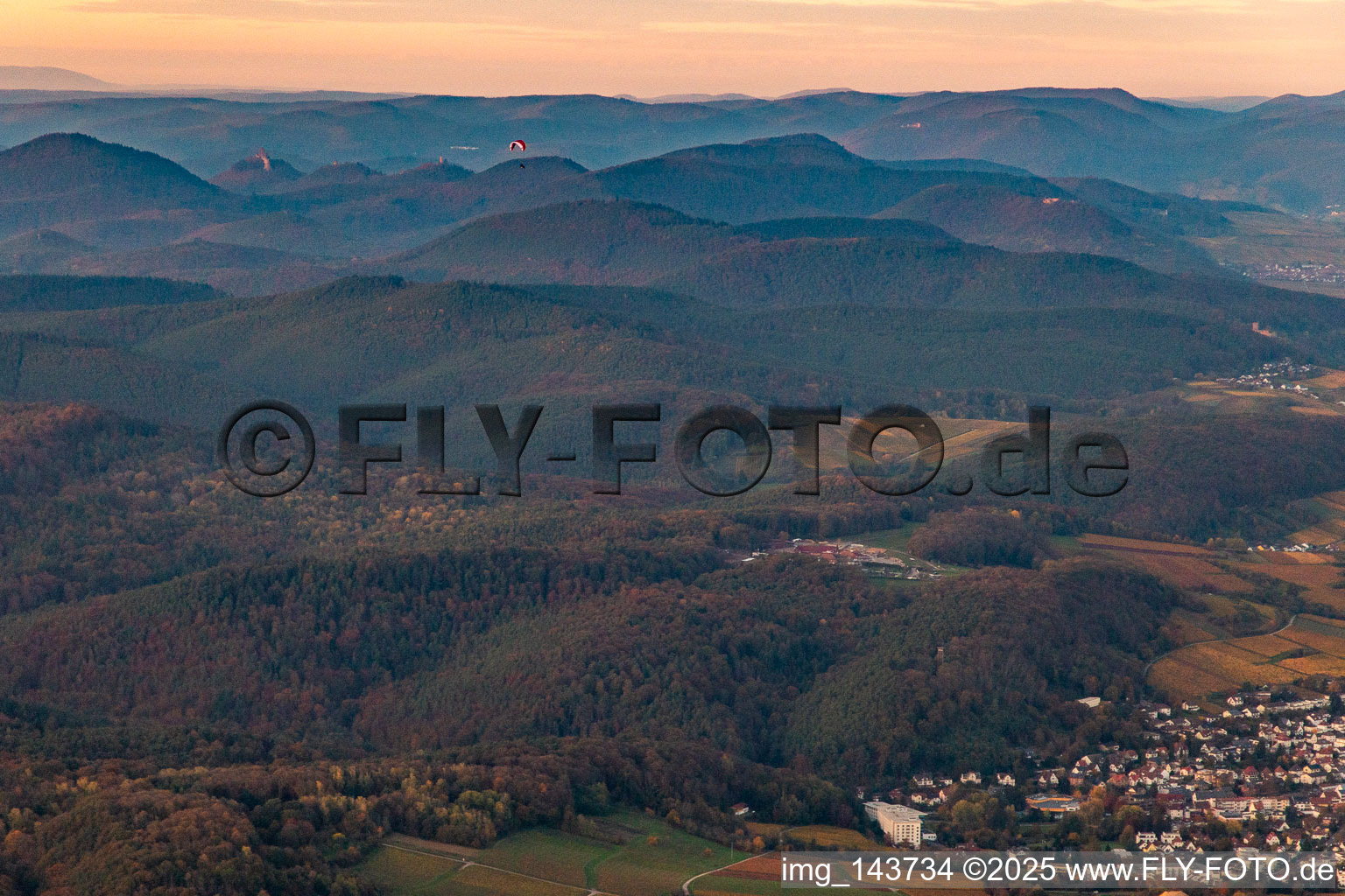 Vue aérienne de Parapente sur le bord du Haardt à Bad Bergzabern dans le département Rhénanie-Palatinat, Allemagne