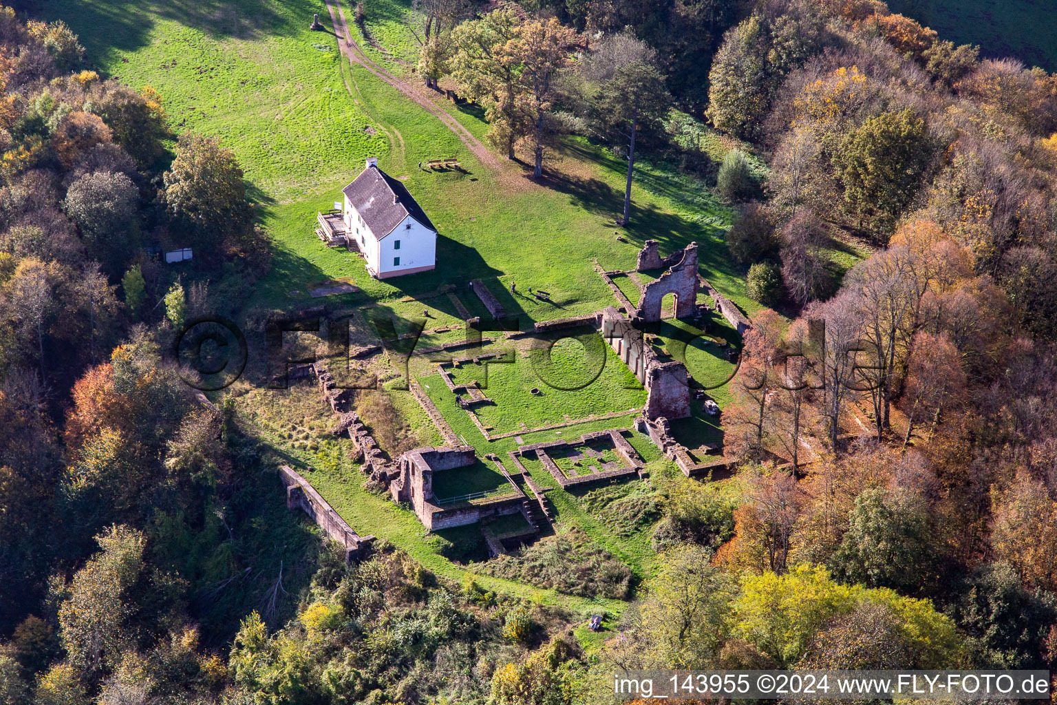 Vue aérienne de Ruines du monastère Wörschweiler à le quartier Wörschweiler in Homburg dans le département Sarre, Allemagne