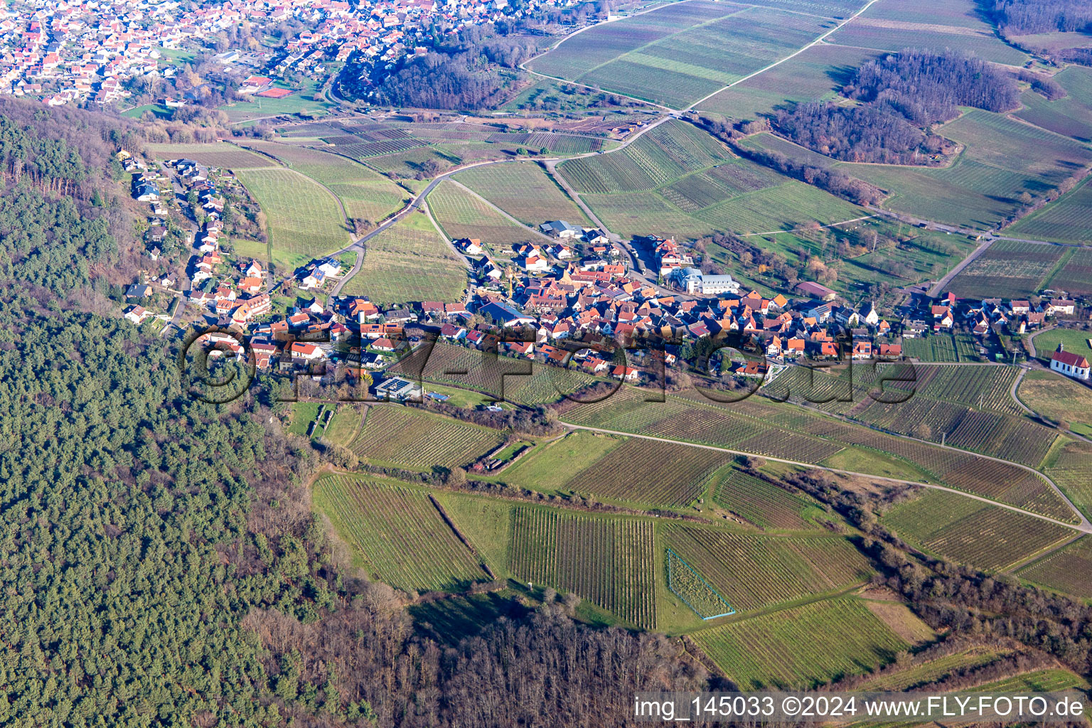 Vue aérienne de Village viticole au bord du Haardt vu du sud-ouest à le quartier Gleiszellen in Gleiszellen-Gleishorbach dans le département Rhénanie-Palatinat, Allemagne