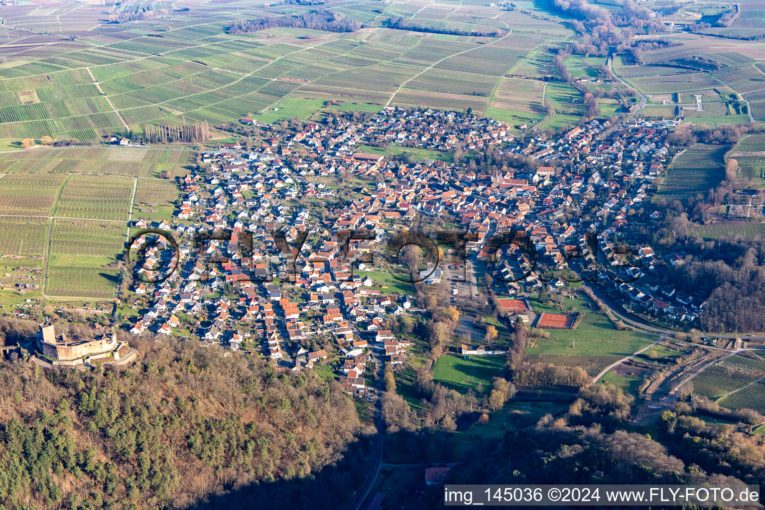 Vue aérienne de Village viticole au bord du Haardt sous les ruines du château de Landeck depuis l'ouest à Klingenmünster dans le département Rhénanie-Palatinat, Allemagne