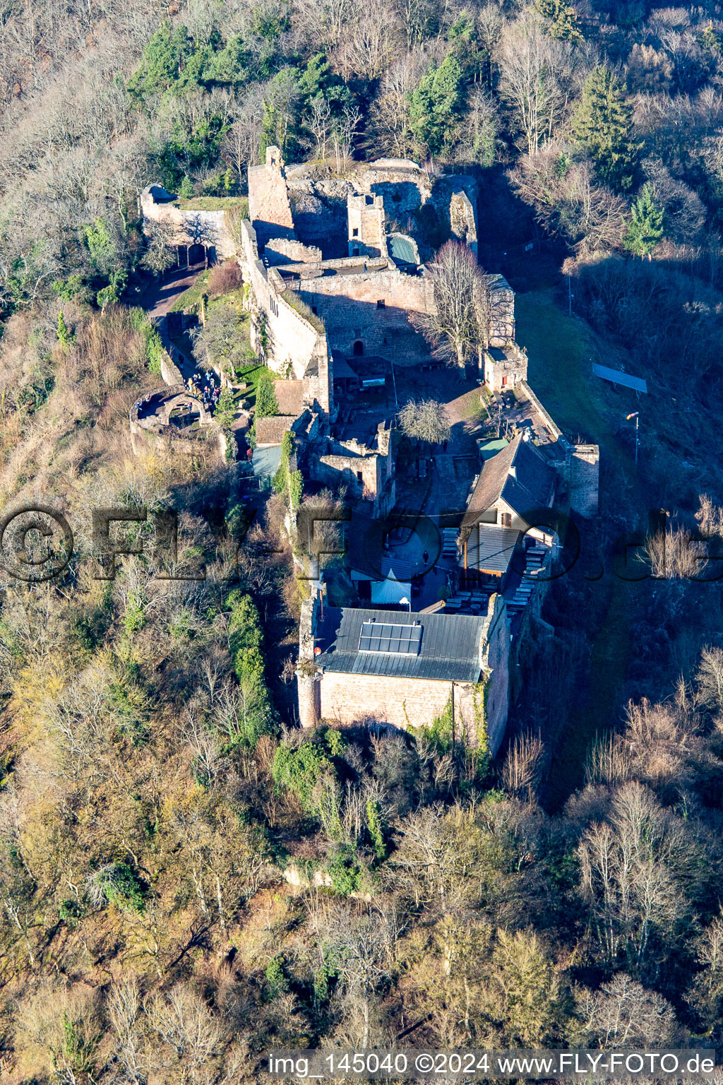 Ruines du château de Madenburg à Eschbach dans le département Rhénanie-Palatinat, Allemagne hors des airs