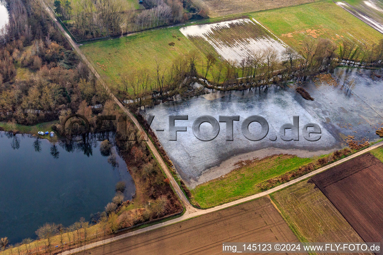 Vue aérienne de Prairies inondées gelées à Rülzheim dans le département Rhénanie-Palatinat, Allemagne