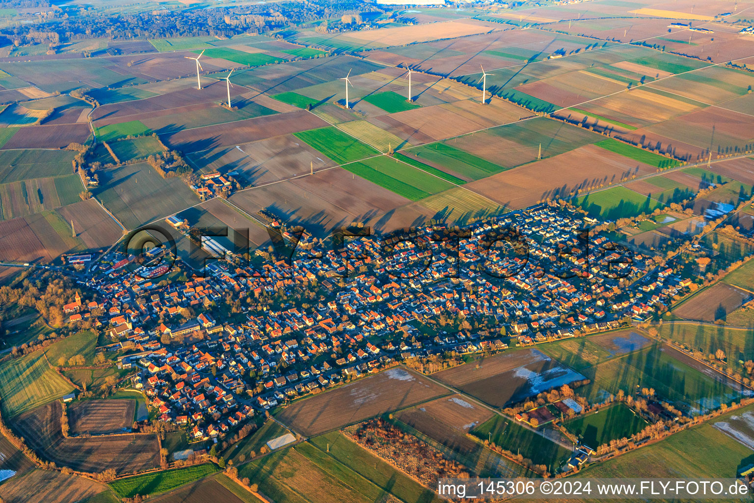 Vue aérienne de Parc éolien en hiver à Minfeld dans le département Rhénanie-Palatinat, Allemagne