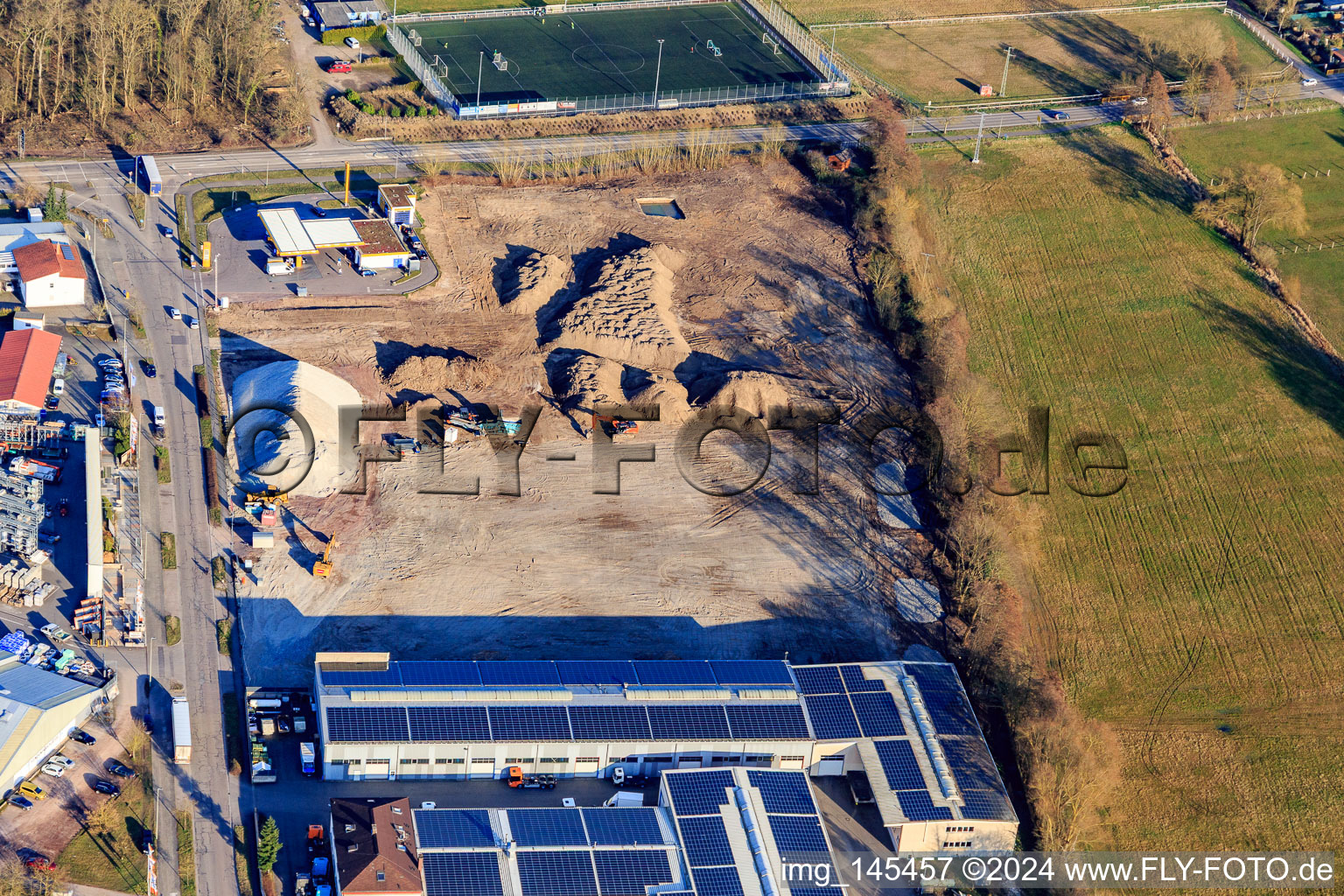 Chantier de construction pour le développement du nouveau parc logistique de HANSAINVEST et DFI-Real-Estte Kandel après la démolition du marché OBI à le quartier Minderslachen in Kandel dans le département Rhénanie-Palatinat, Allemagne hors des airs