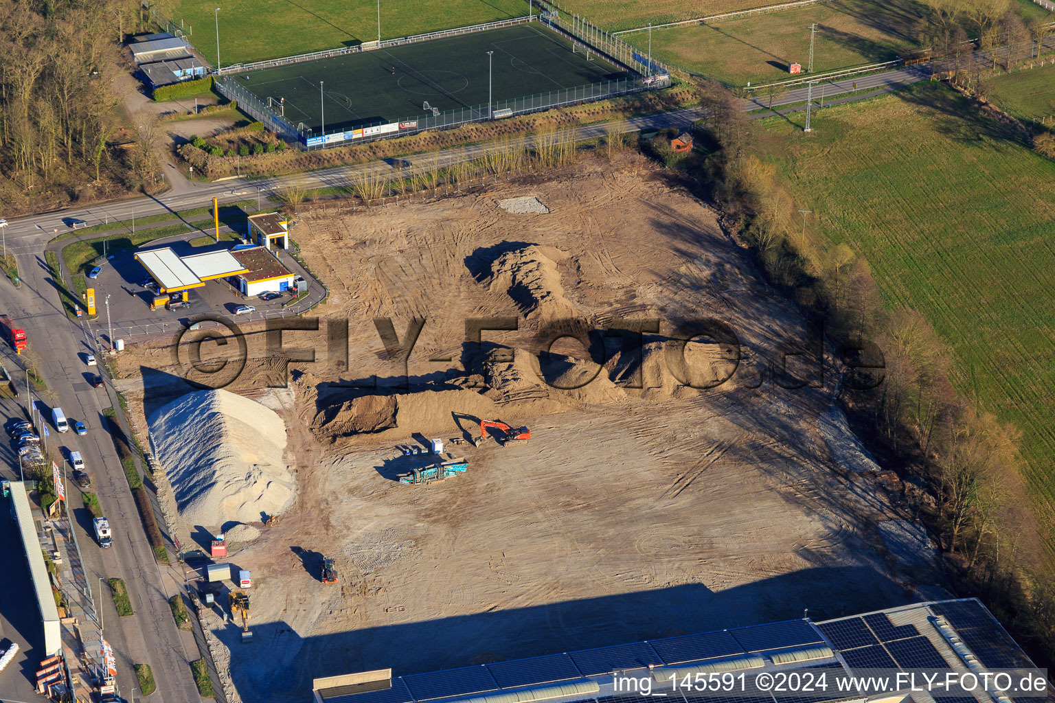 Chantier de construction pour le développement du nouveau parc logistique de HANSAINVEST et DFI-Real-Estte Kandel après la démolition du marché OBI à le quartier Minderslachen in Kandel dans le département Rhénanie-Palatinat, Allemagne vue du ciel