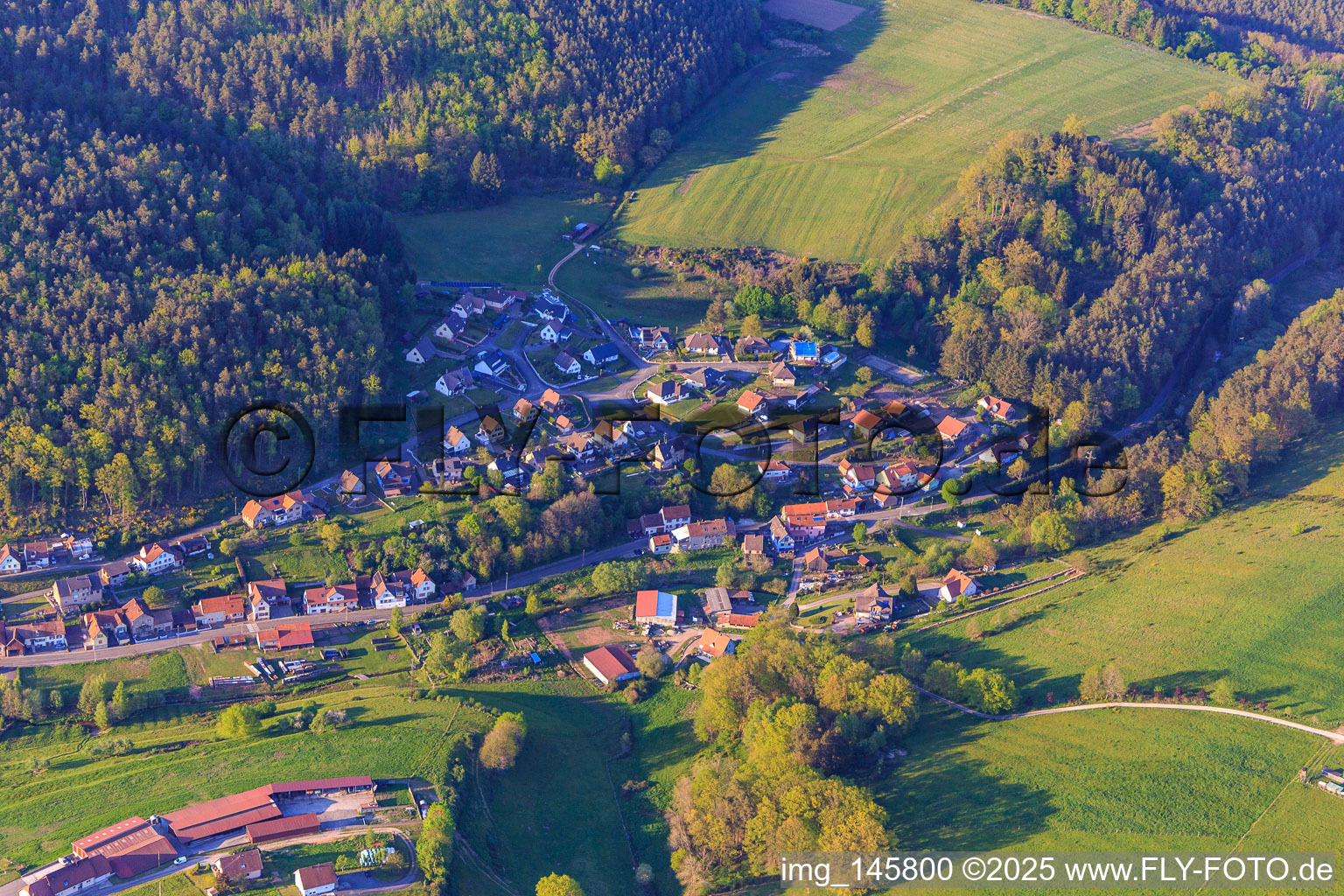 Vue aérienne de Rue de Hasenthal et rue du Moulin à Reipertswiller dans le département Bas Rhin, France