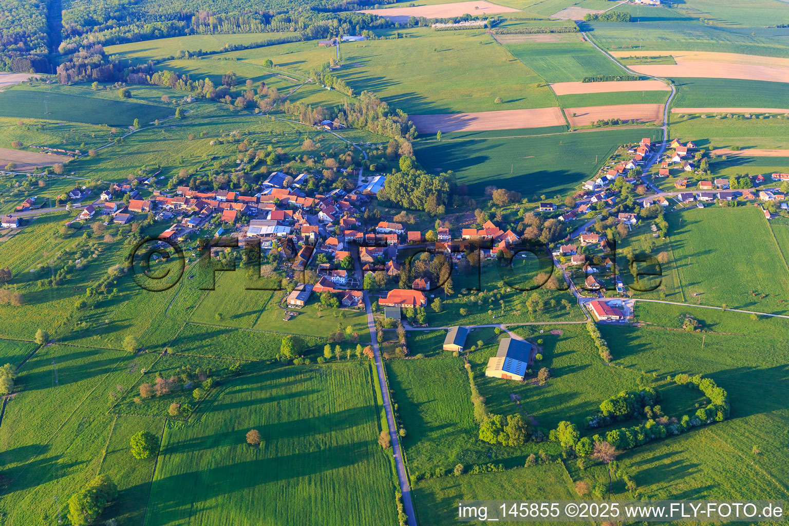 Vue aérienne de Vue du village depuis le sud-ouest à Asswiller dans le département Bas Rhin, France