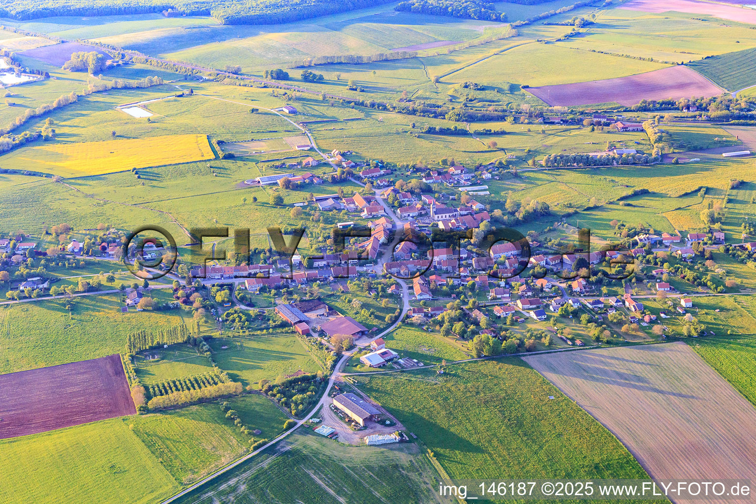 Vue aérienne de Vue du village depuis le sud à Loudrefing dans le département Moselle, France