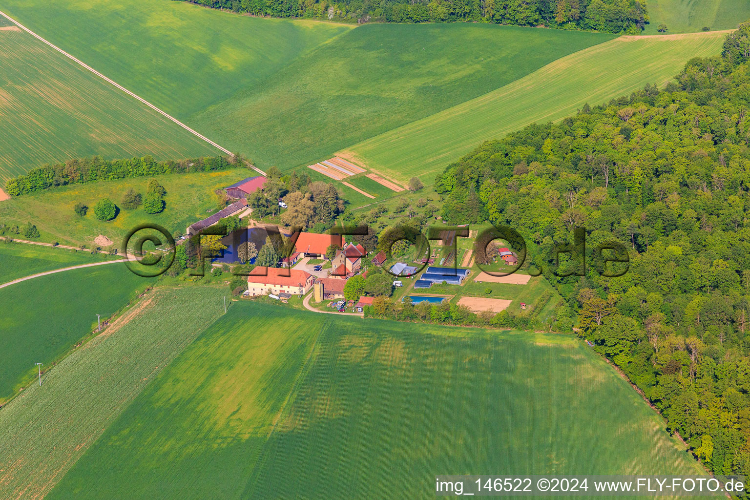 Vue aérienne de Cour Louisgarde Demeter avec étang à le quartier Nassau in Weikersheim dans le département Bade-Wurtemberg, Allemagne