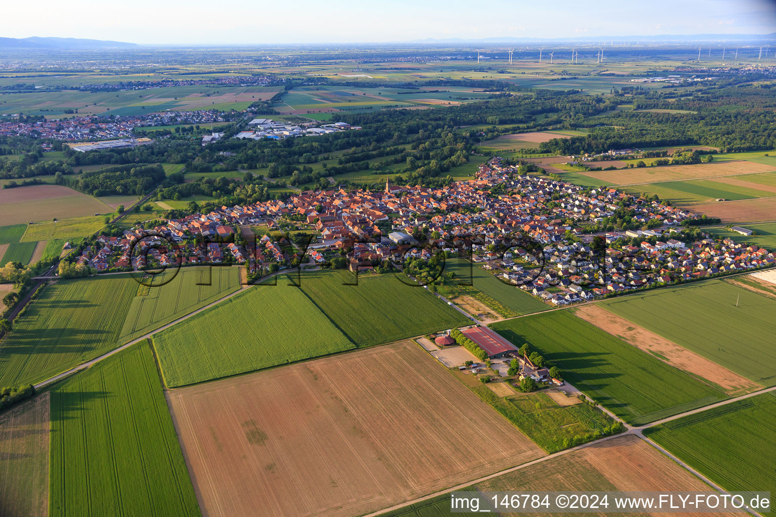 Vue de la ville depuis le sud-ouest à Steinweiler dans le département Rhénanie-Palatinat, Allemagne hors des airs