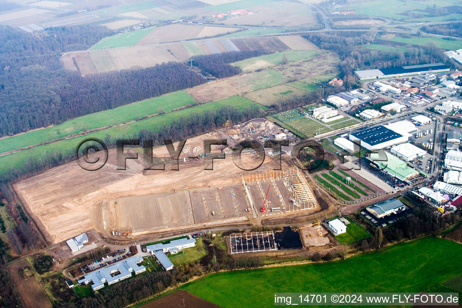 Vue aérienne de Nouveau chantier dans la zone industrielle de Horst pour Friedrich random GmbH & Co. KG Société de transport internationale dans la zone industrielle de Horst à le quartier Minderslachen in Kandel dans le département Rhénanie-Palatinat, Allemagne