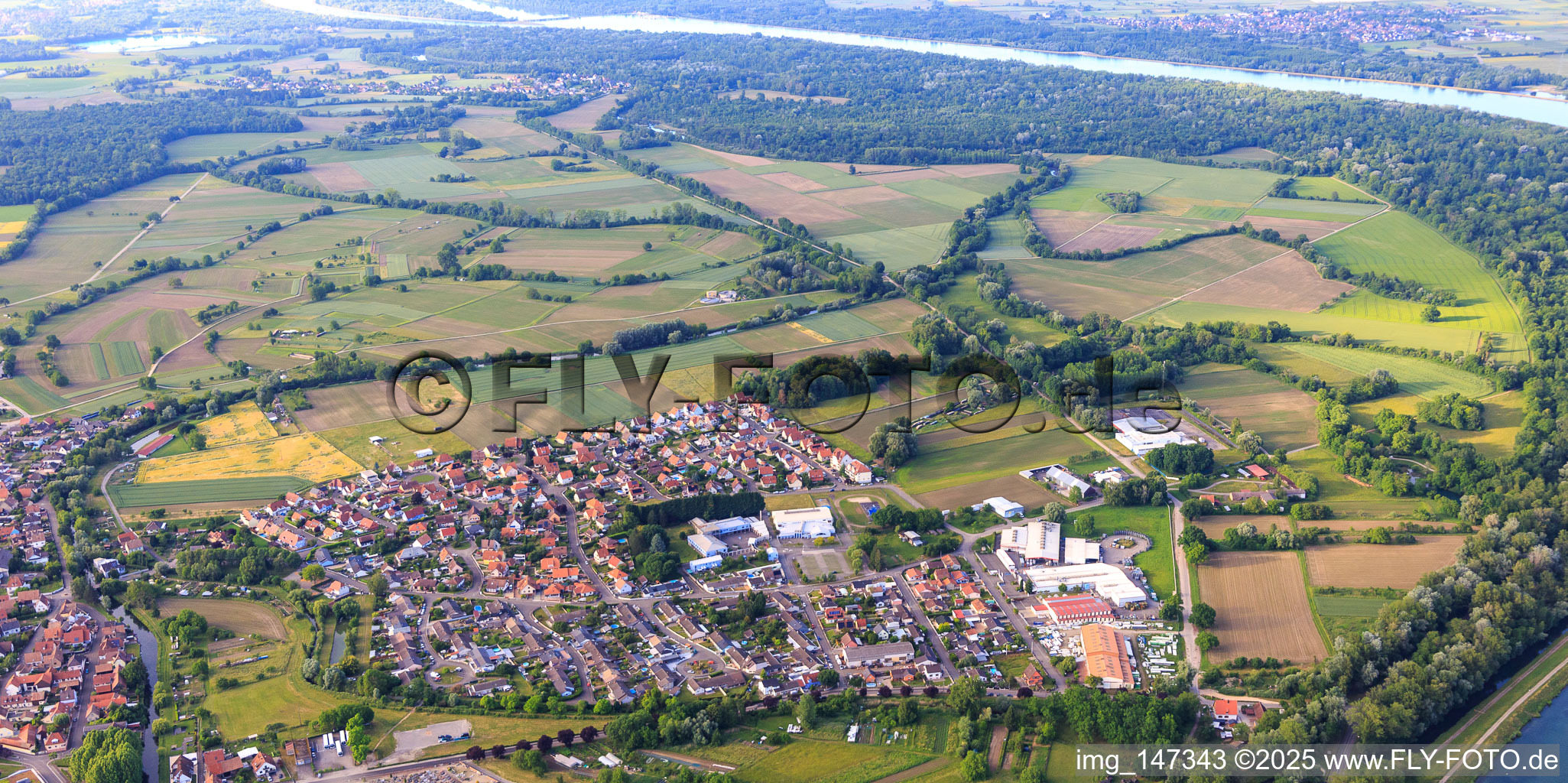 Vue aérienne de Vue de la ville sur le Rhin depuis le sud à Rhinau dans le département Bas Rhin, France