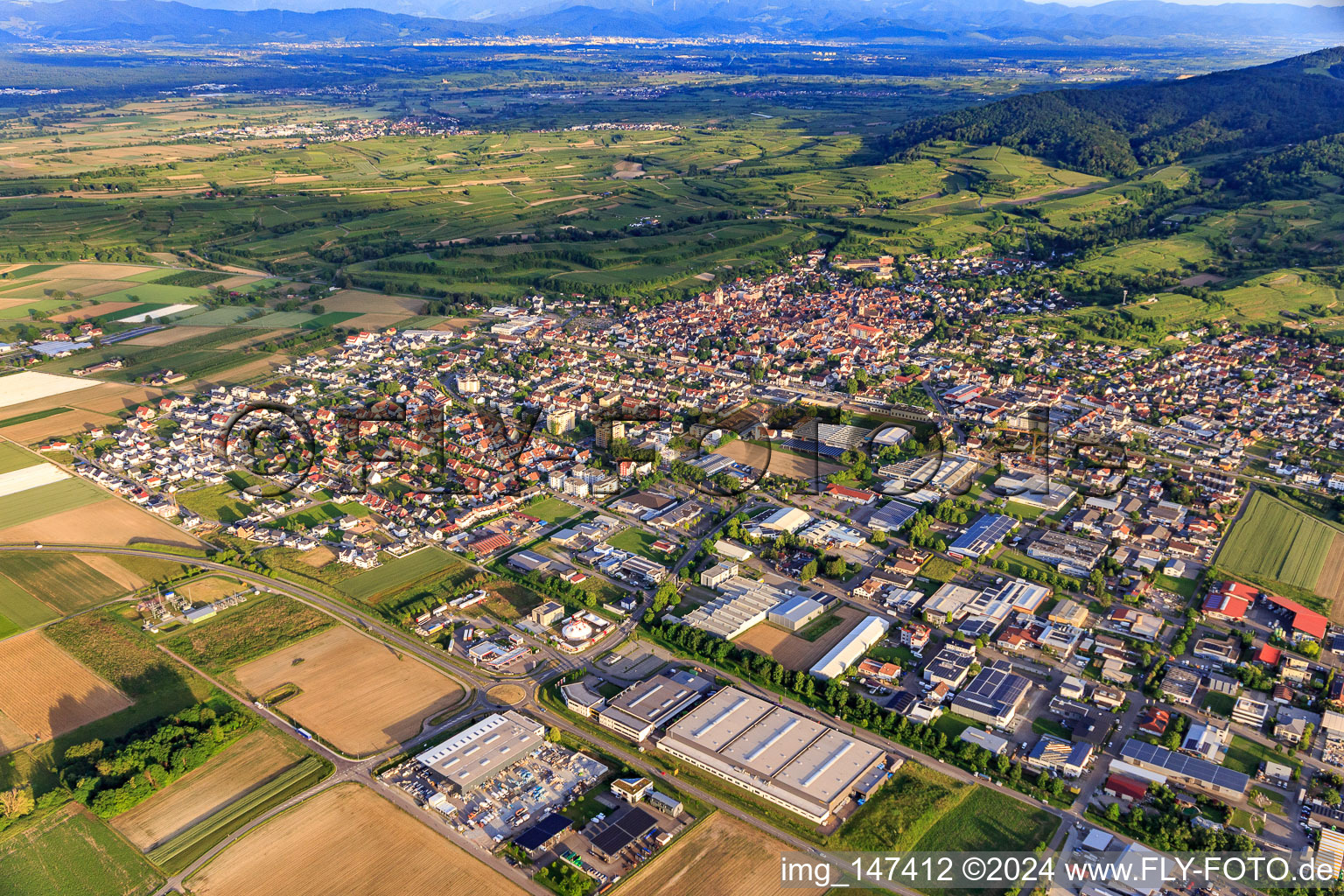 Vue aérienne de Vue d'ensemble de la ville depuis le nord-ouest avec Adval Tech (Allemagne) GmbH & Co. KG et Dinger Stone GmbH à Endingen am Kaiserstuhl dans le département Bade-Wurtemberg, Allemagne
