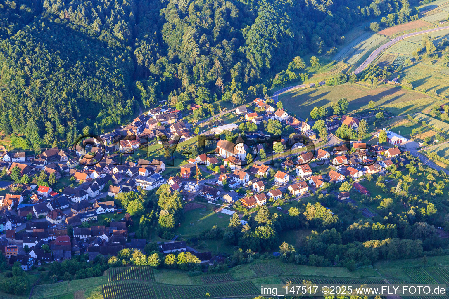 Vue aérienne de Vue du village viticole depuis le nord avec l'église Saint-Hilaire à le quartier Bleichheim in Herbolzheim dans le département Bade-Wurtemberg, Allemagne