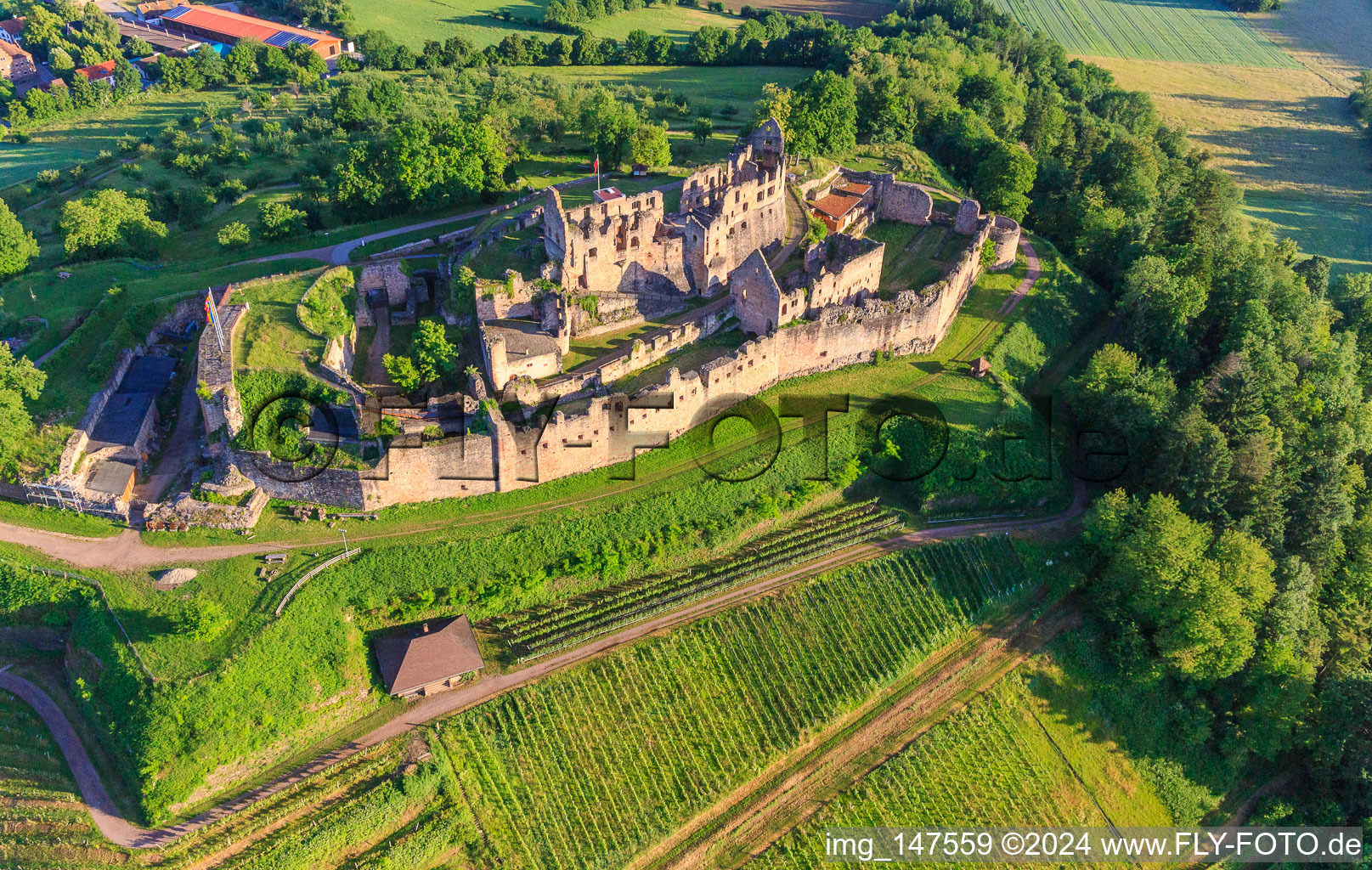 Ruines de la forteresse de Hochburg près de Emmendingen depuis l'est à le quartier Windenreute in Emmendingen dans le département Bade-Wurtemberg, Allemagne d'en haut