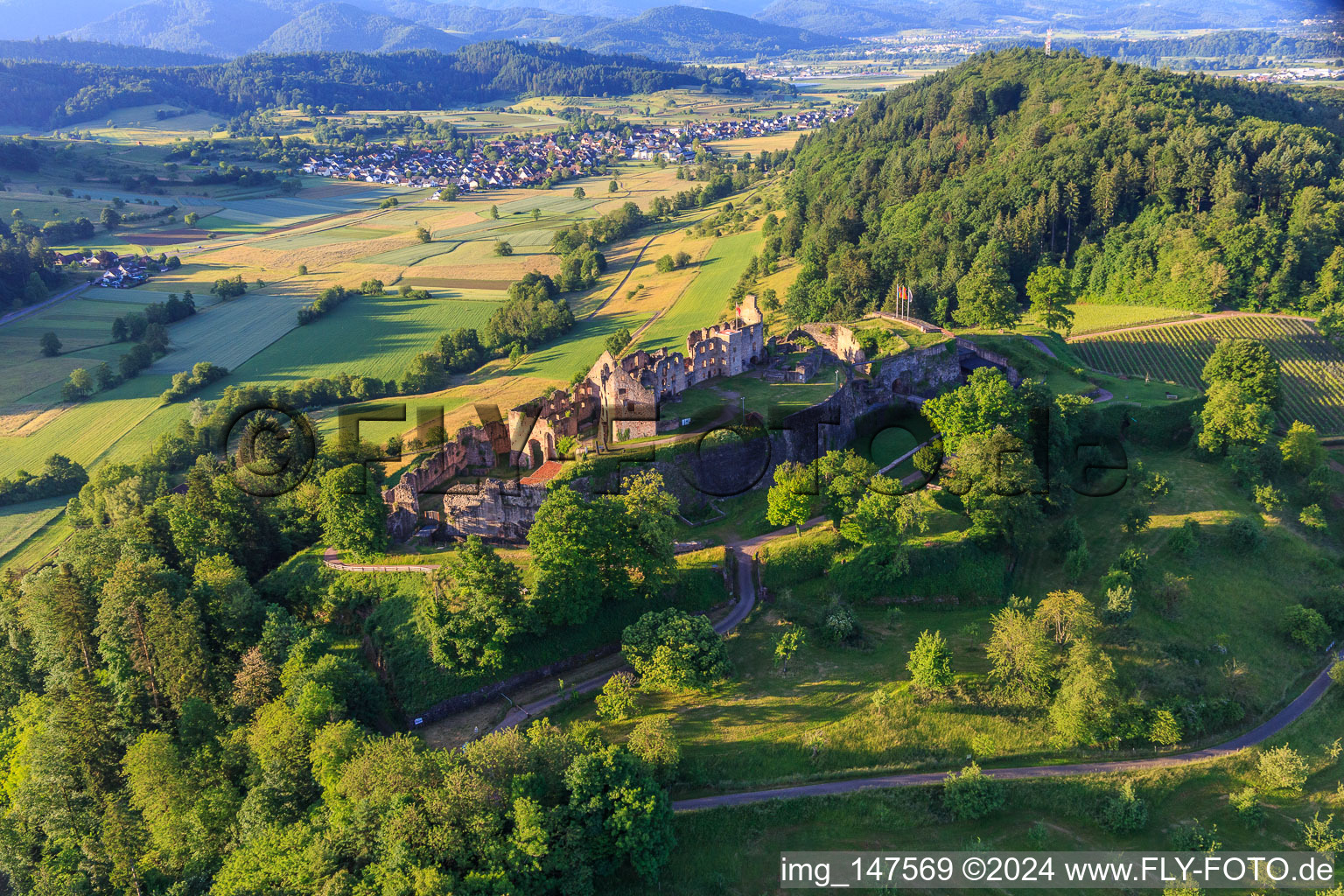 Vue aérienne de Ruines de la forteresse de Hochburg près de Emmendingen depuis l'ouest à le quartier Windenreute in Emmendingen dans le département Bade-Wurtemberg, Allemagne