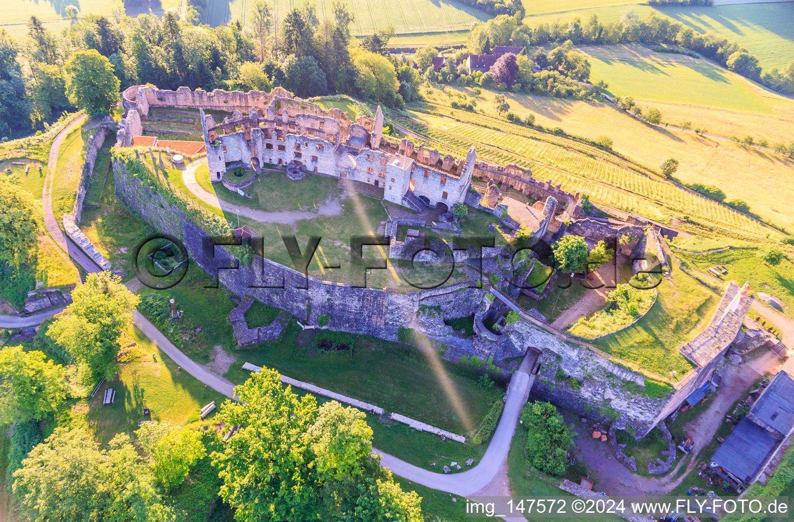 Vue oblique de Ruines de la forteresse de Hochburg près de Emmendingen depuis l'ouest à le quartier Windenreute in Emmendingen dans le département Bade-Wurtemberg, Allemagne