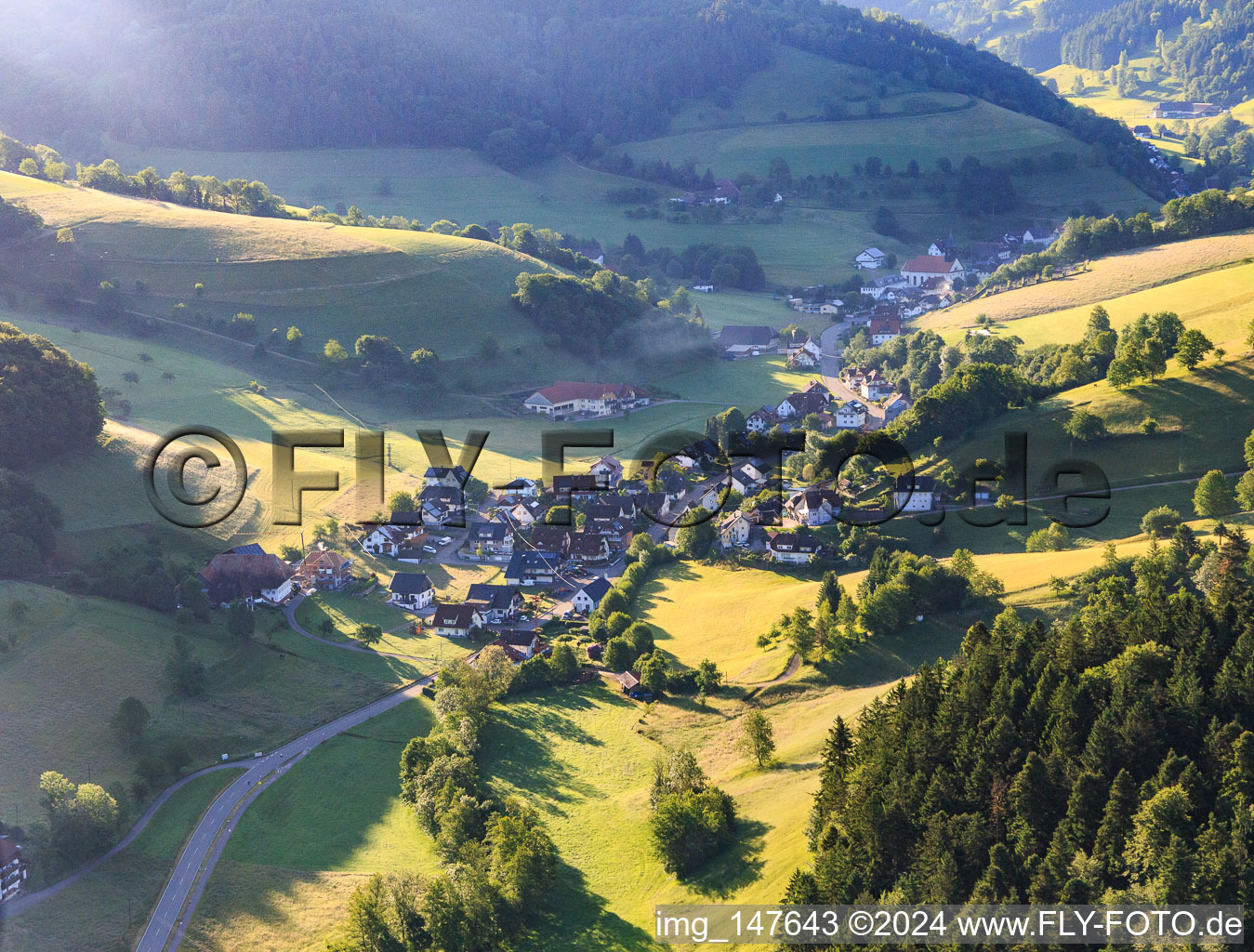 Vue aérienne de Vue du village dans le Yachbachtal depuis l'ouest à le quartier Yach in Elzach dans le département Bade-Wurtemberg, Allemagne